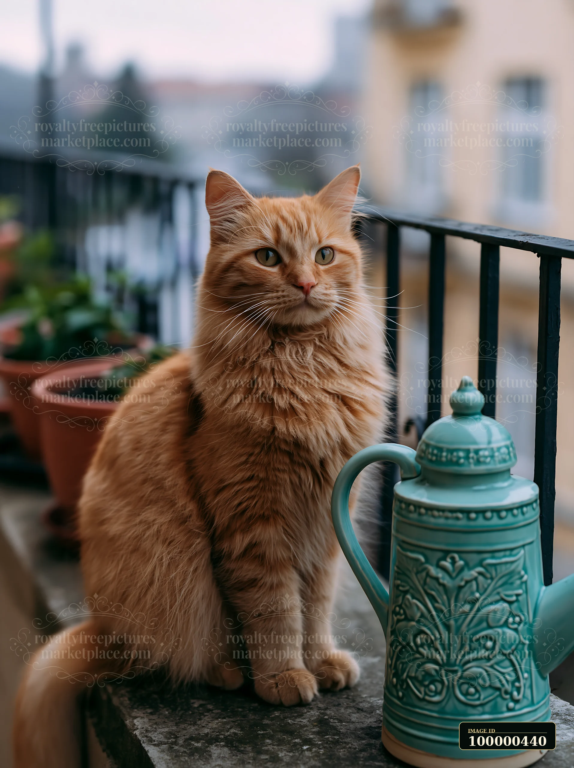 A Dwelf cat is sitting on a balcony wall beside a decorative teal kettle.