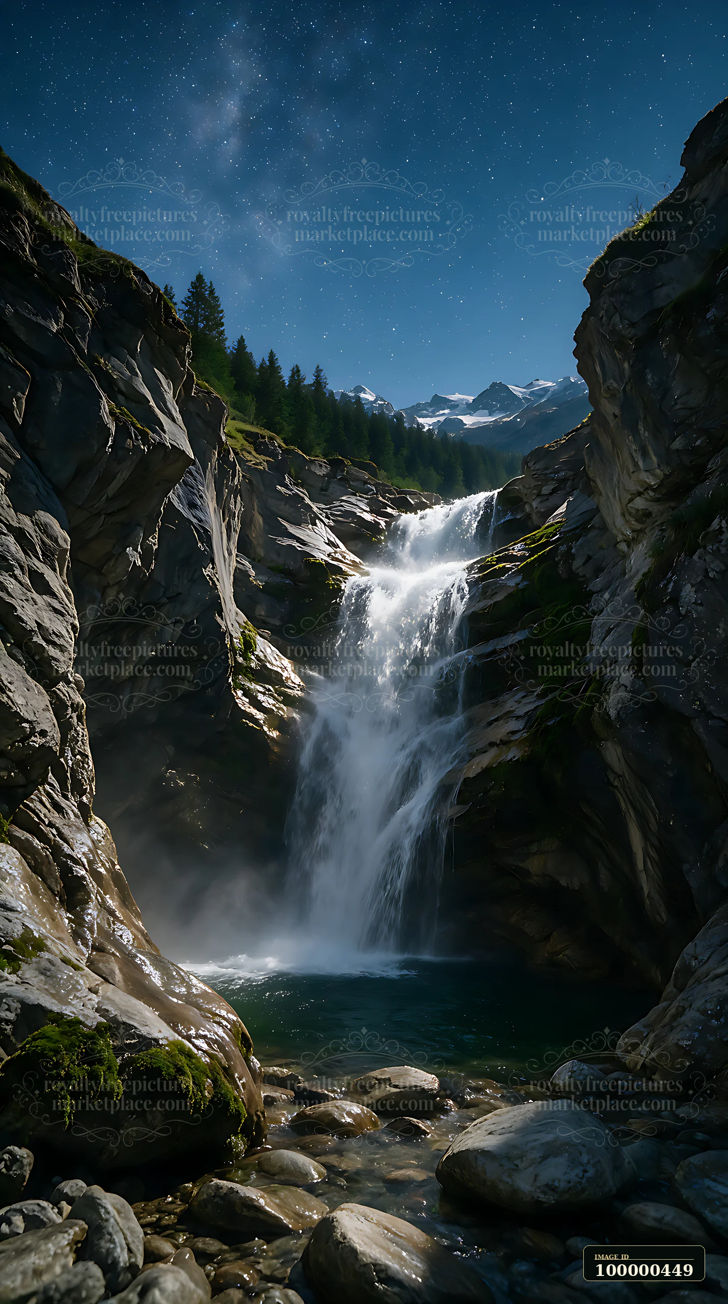 A waterfall cascades down rocky cliffs under a sky filled with stars in the Swiss Alps.