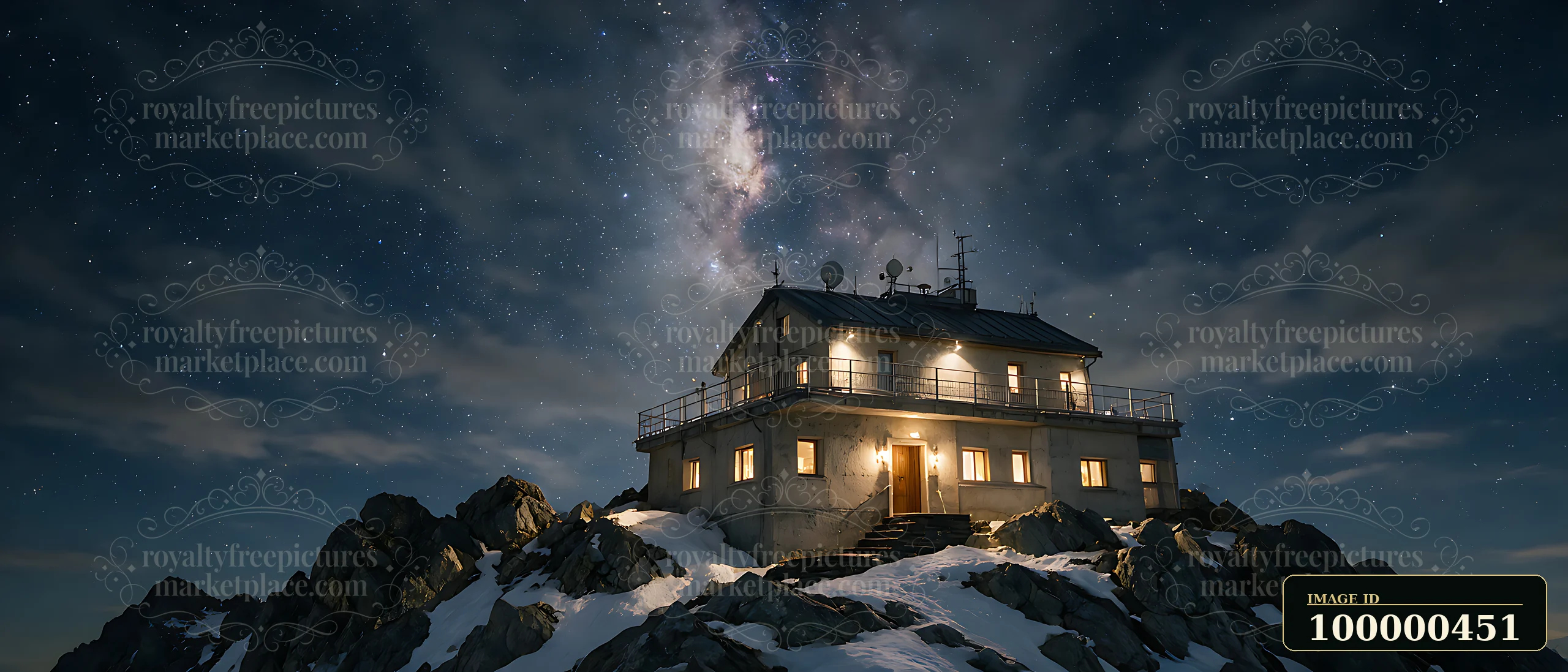 A building stands on a rocky peak under a starry night sky in Switzerland.