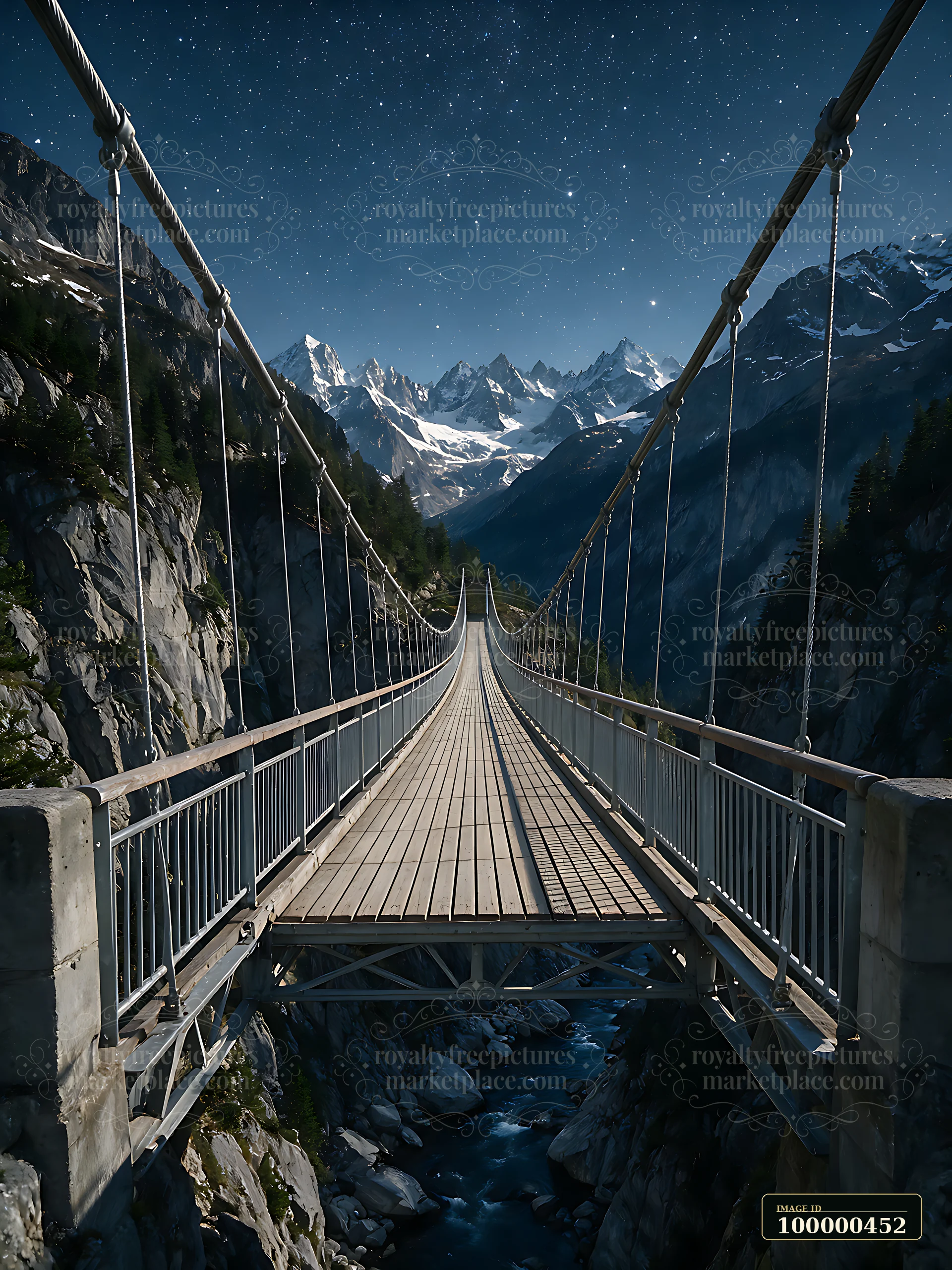 A bridge stretches across a deep canyon under a sky filled with stars in the Swiss Alps.