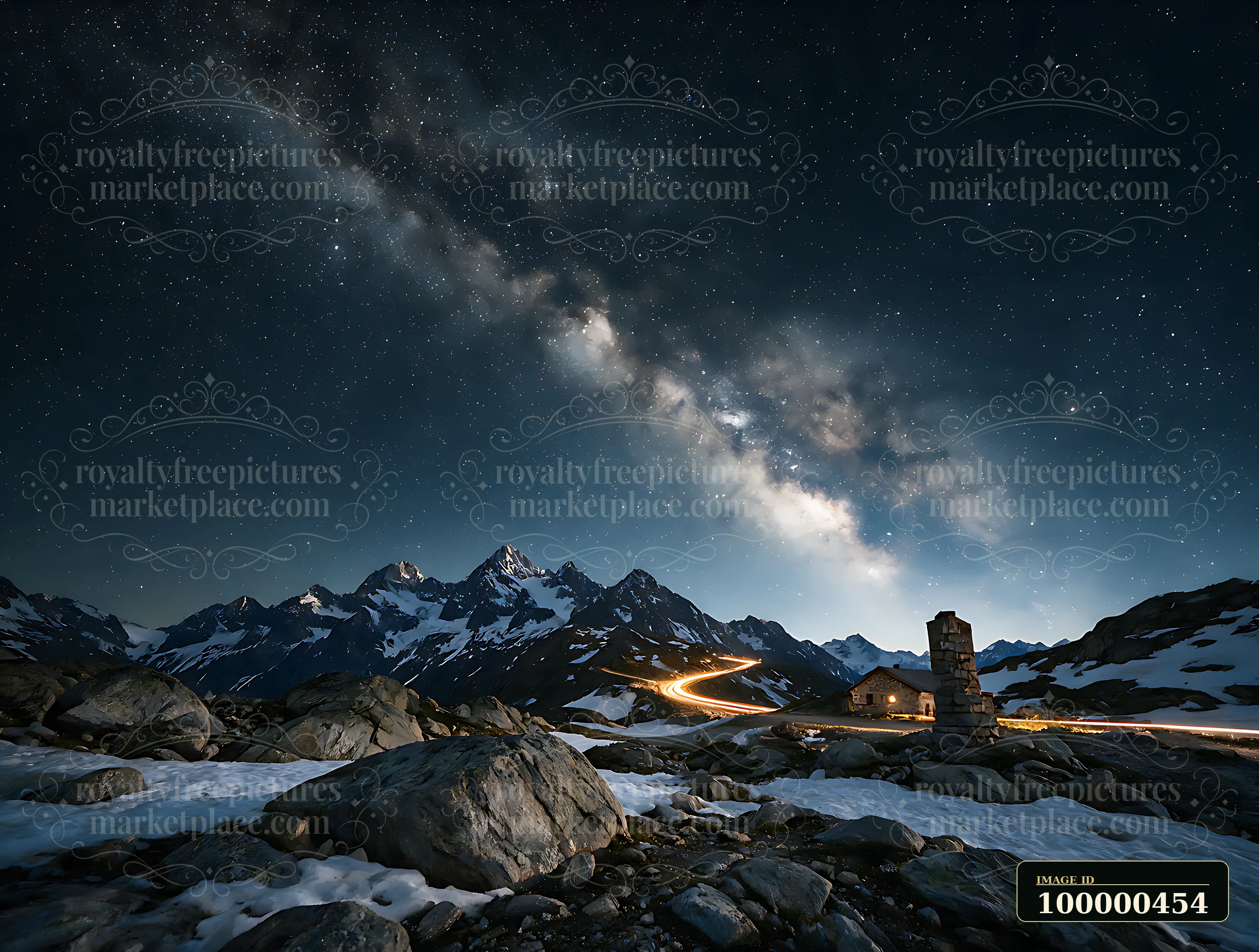 A winding road cuts through the Swiss mountains under a starry sky.
