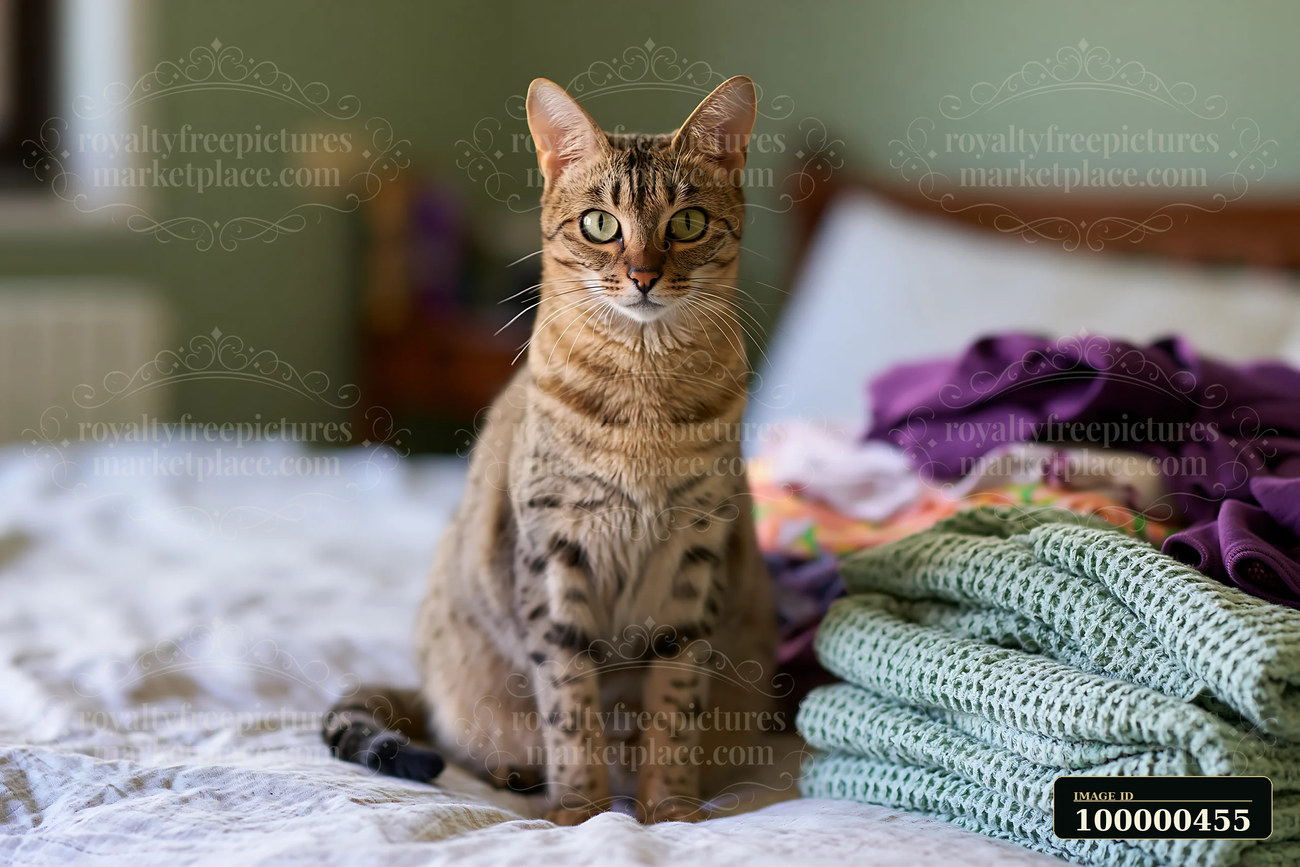 A Savannah cat sits on a bed surrounded by folded clothes in a home setting.
