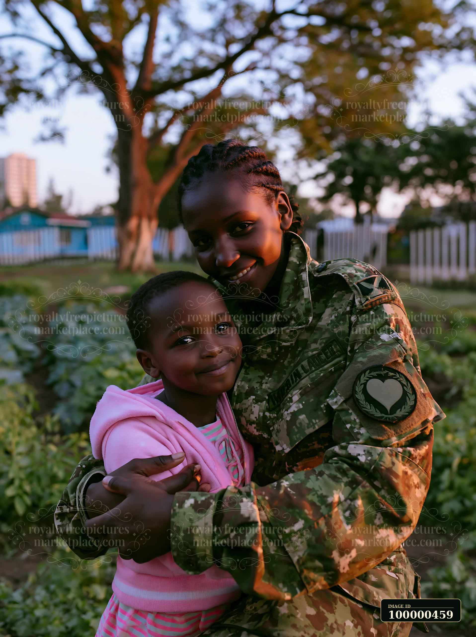 A soldier in uniform hugs a young girl while surrounded by plants in a garden during sunset.