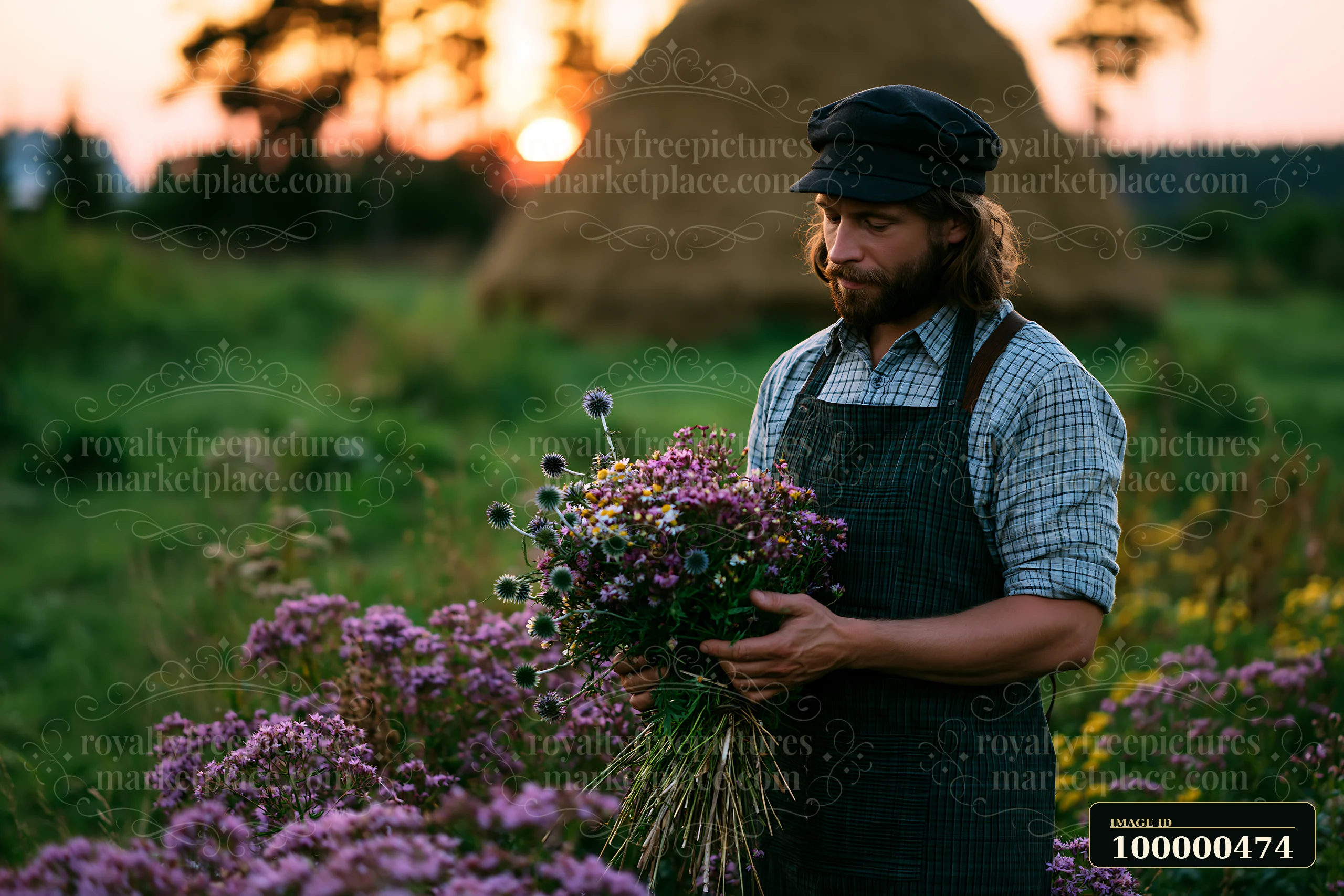 A farmer stands in a meadow with traditional haystack, holding a bunch of flowers as the sun sets in the background.