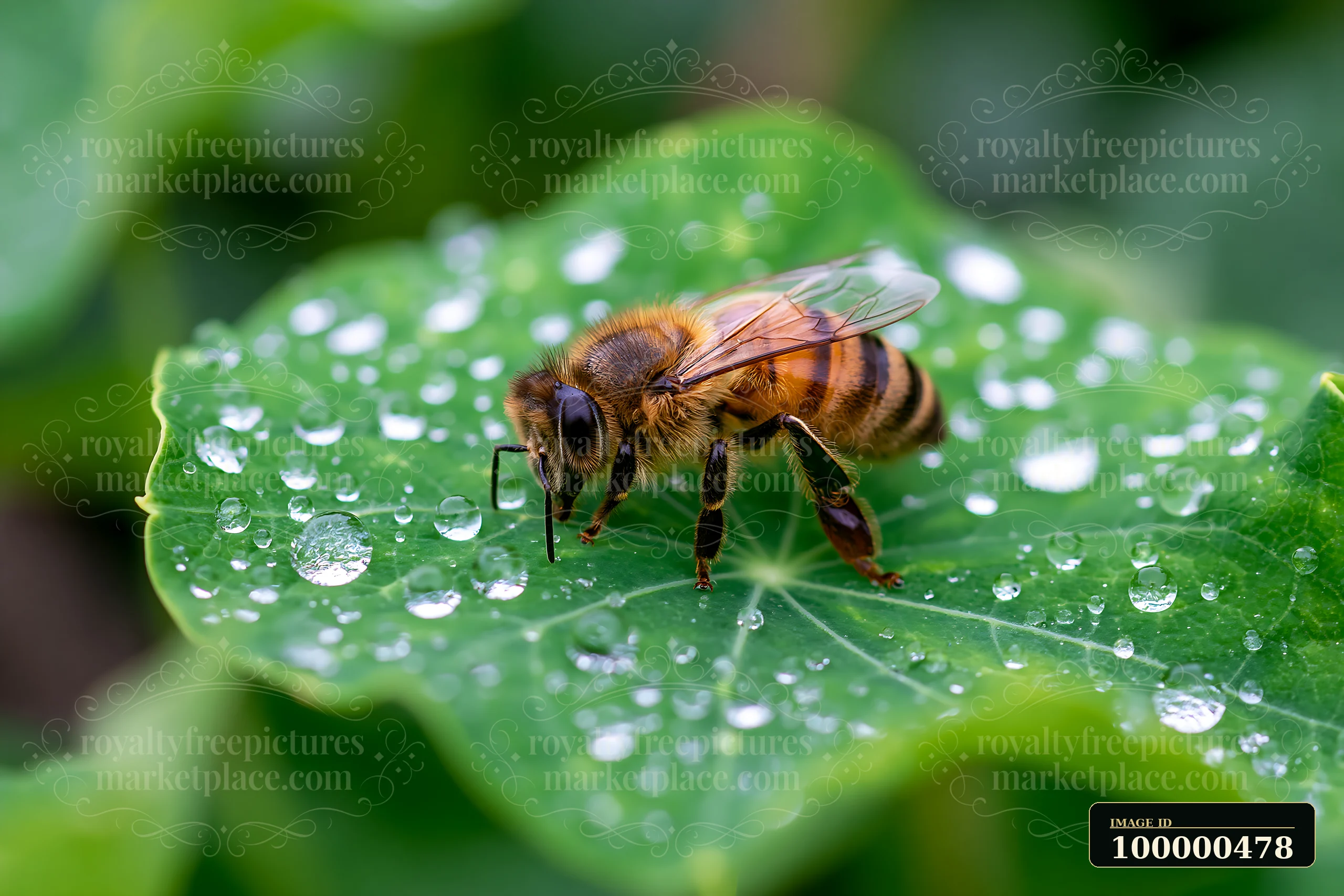 A honey bee resting on a vibrant green leaf with water droplets.