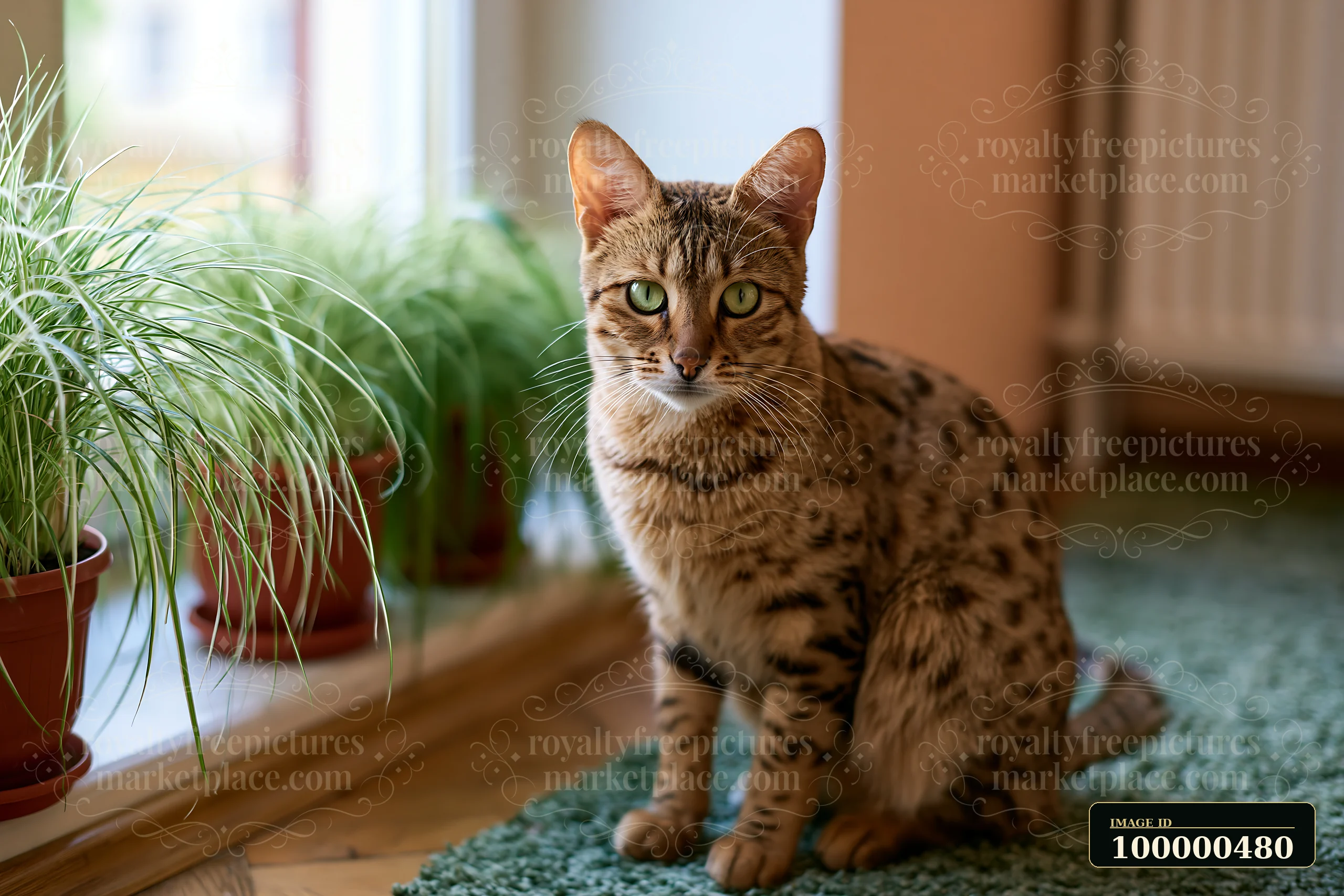 A Serengeti cat sits on a green rug indoors, near pots of green plants by a window.