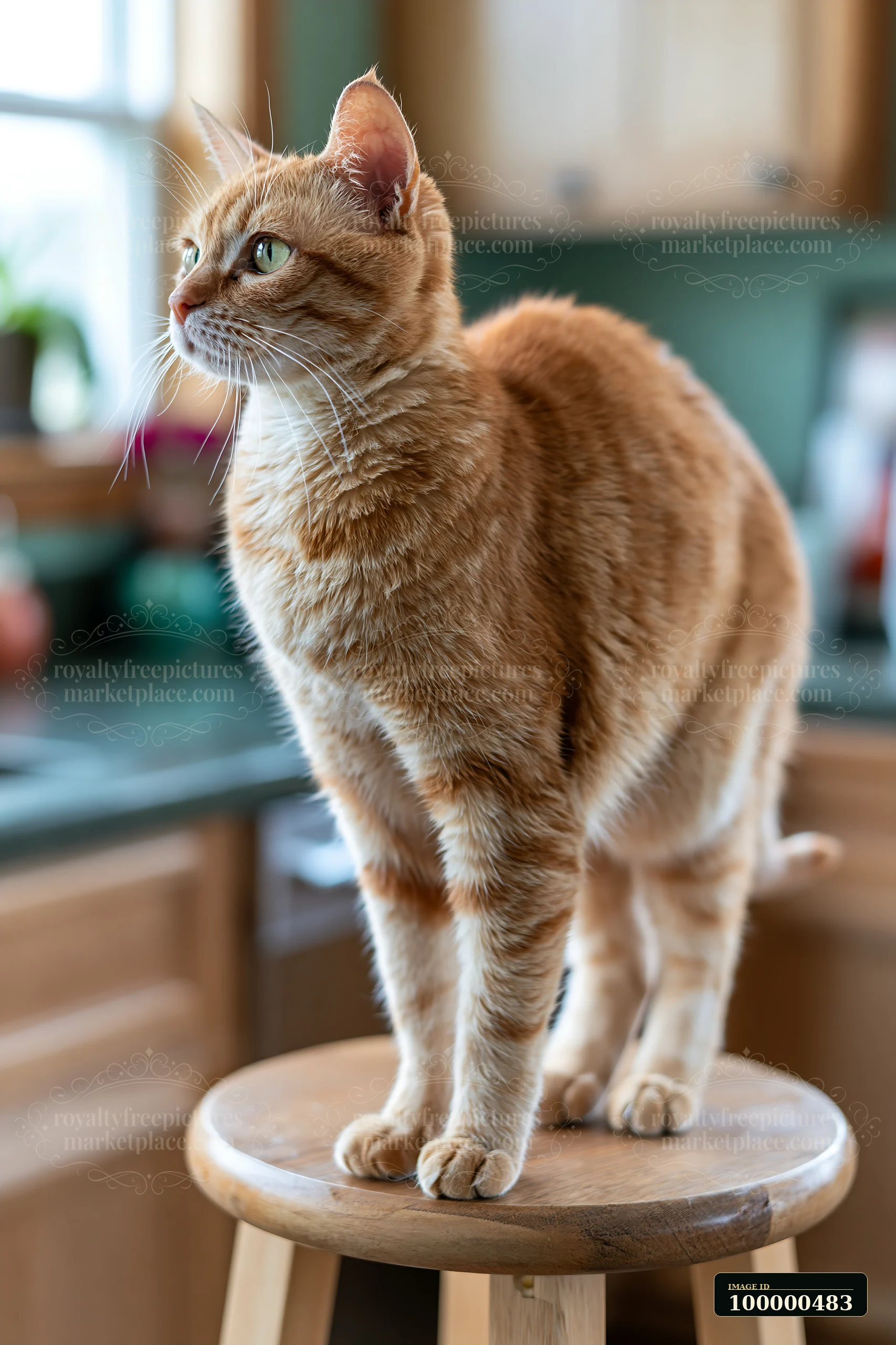 A Minskin cat stands on a wooden stool in a kitchen with natural light.