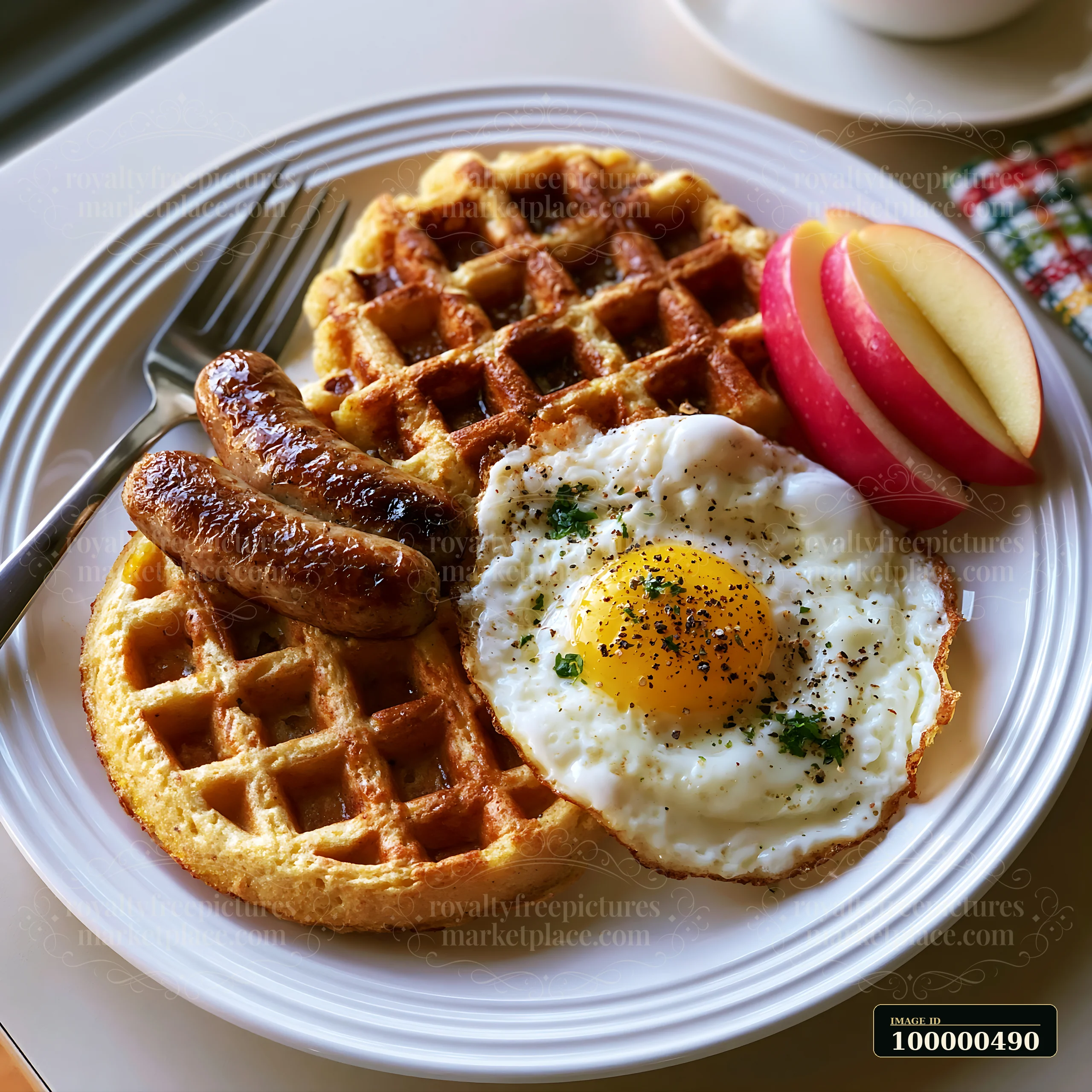 A breakfast plate shows two waffles, one fried egg with a yolk, two sausage links, and apple slices.