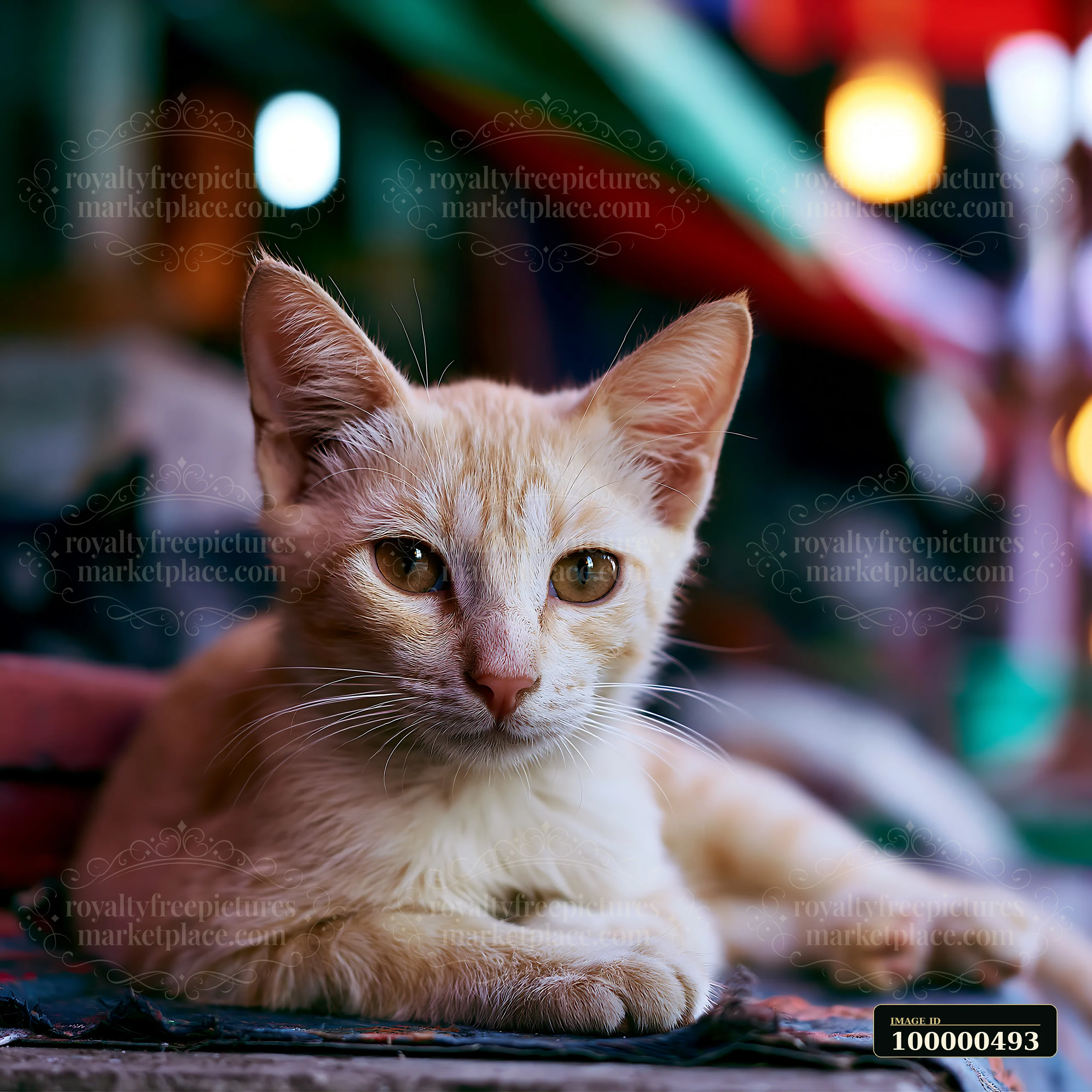 A Mandalay cat lies on a surface with colorful market lights in the background.