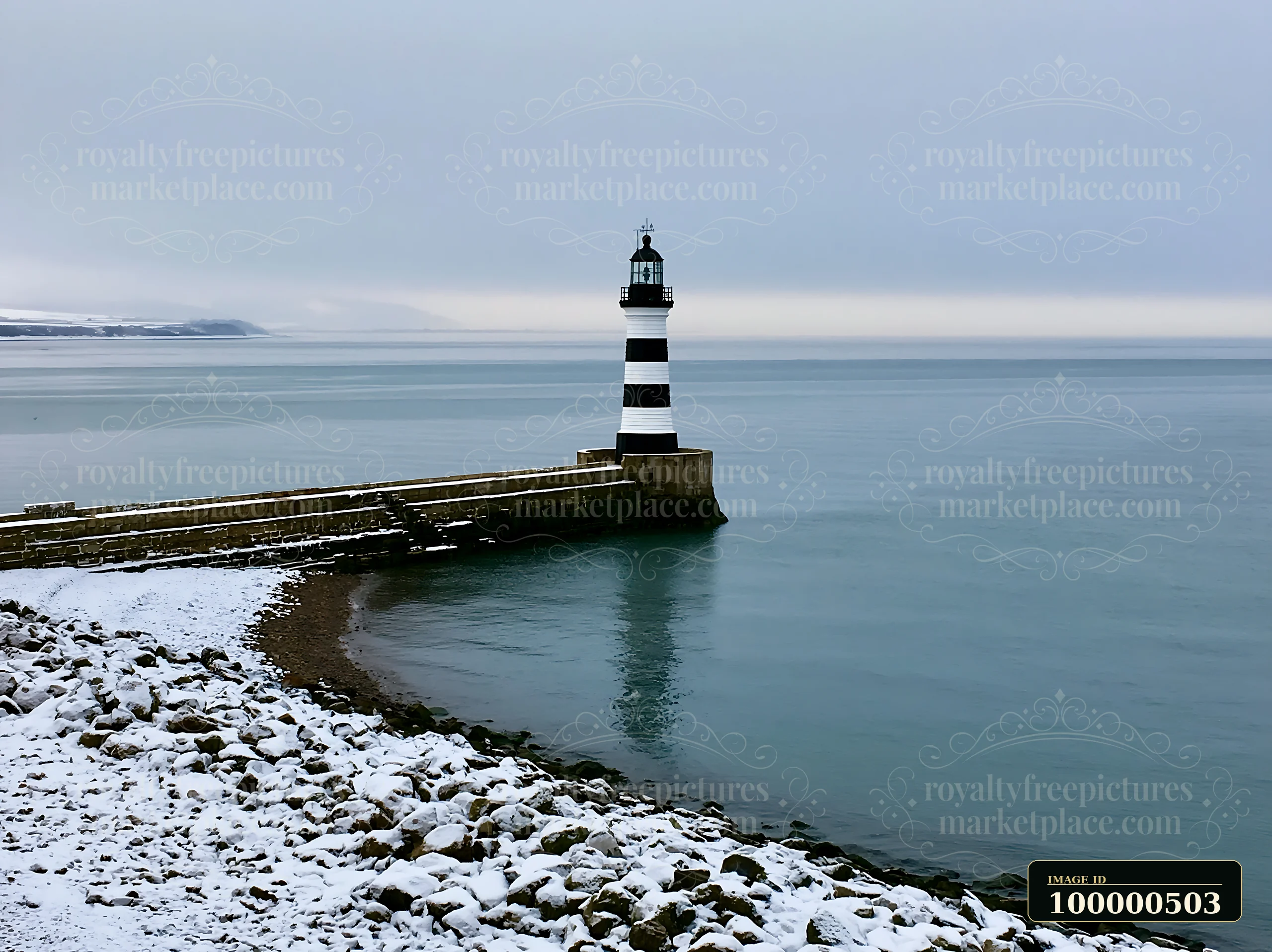 A lighthouse with black and white stripes stands on a pier by the sea.