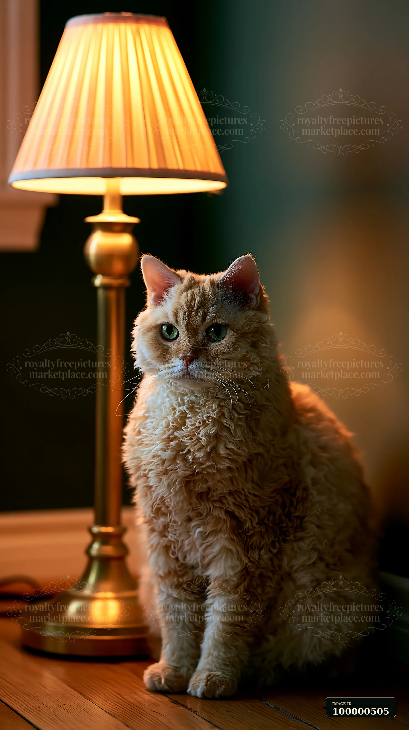 A Selkirk Rex cat with curly fur sits beside a lamp, providing a warm and inviting atmosphere in a cozy indoor setting.