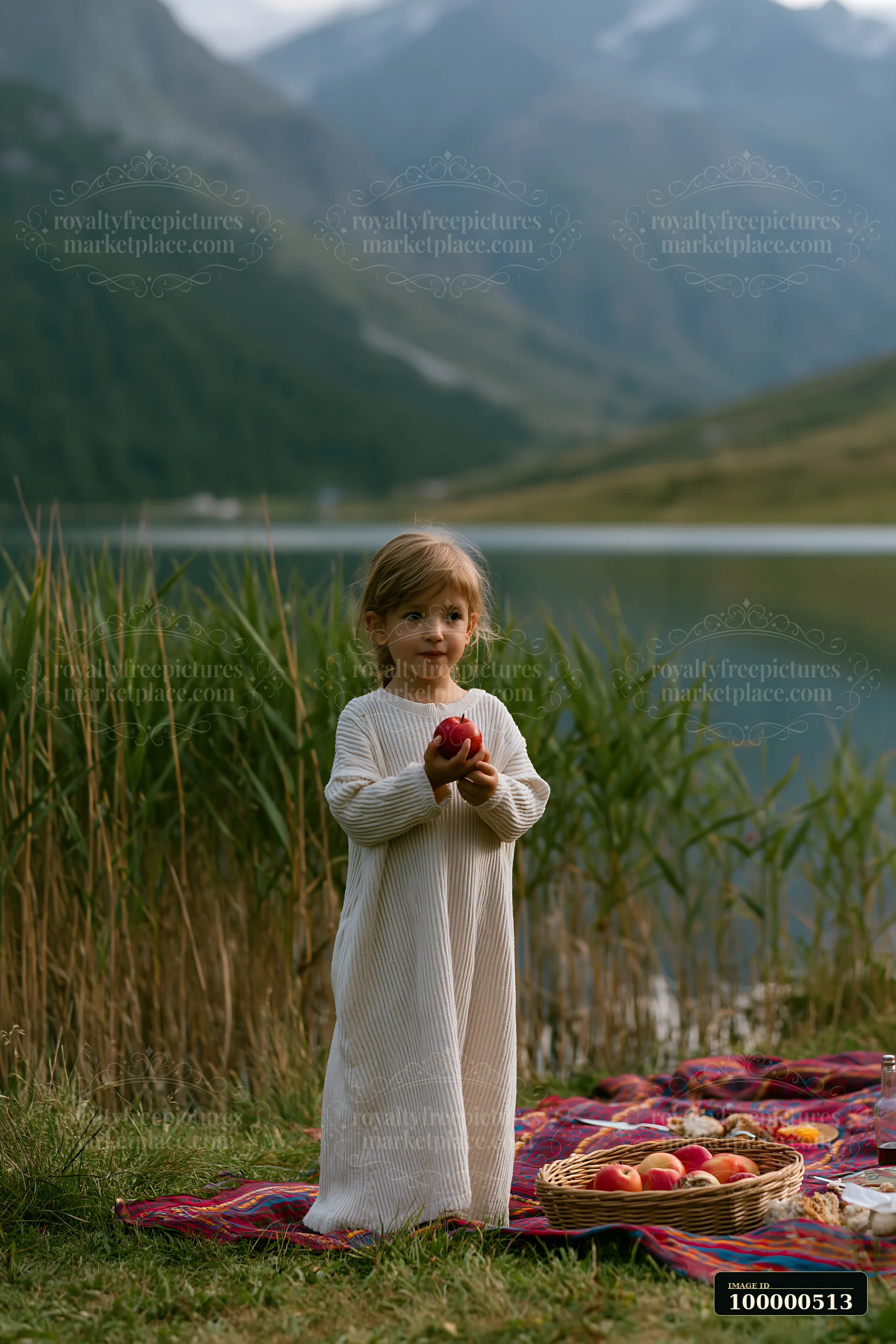 A child stands by an alpine lake holding an apple.