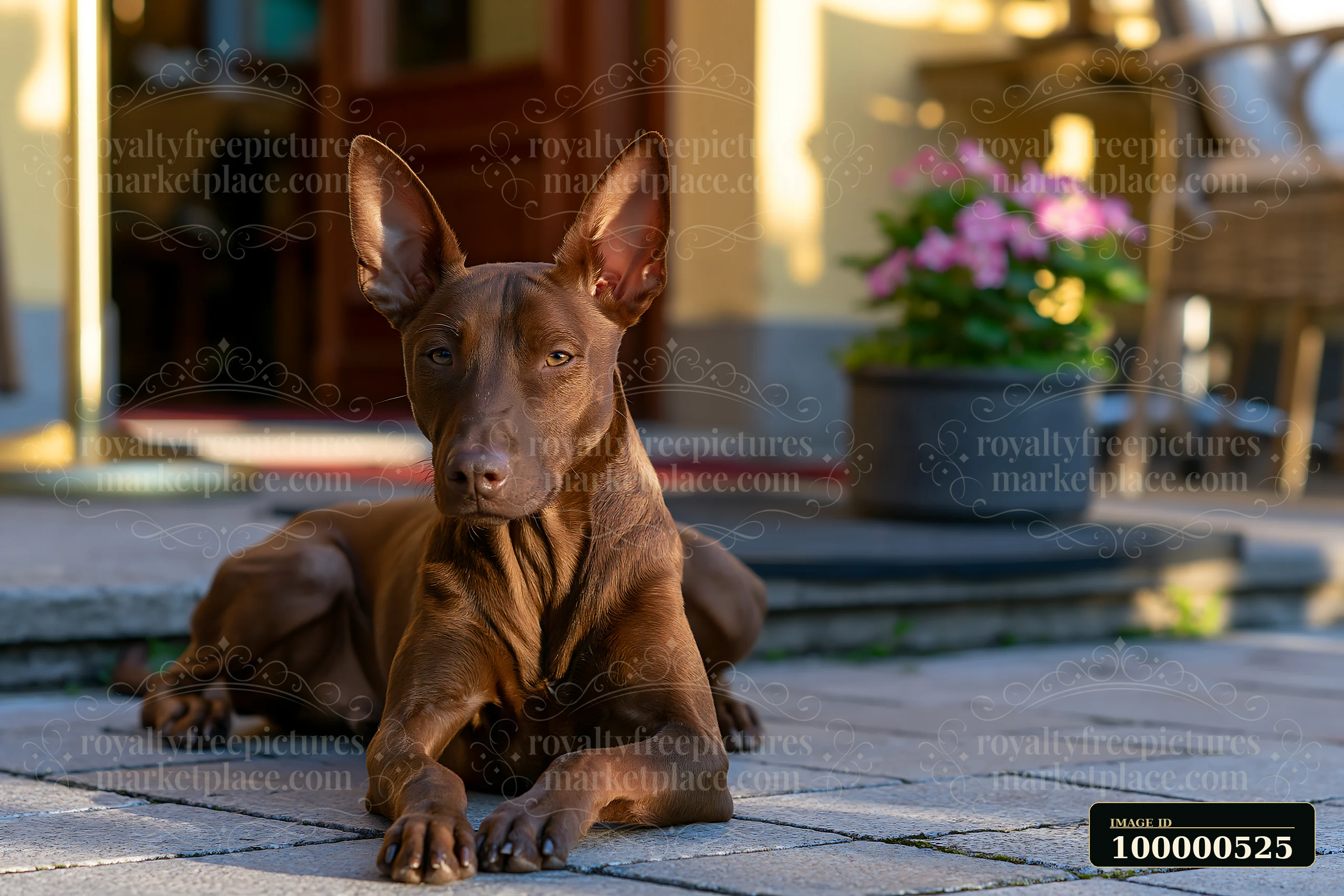 A rare dog breed rests on the stone pavement outside a café.