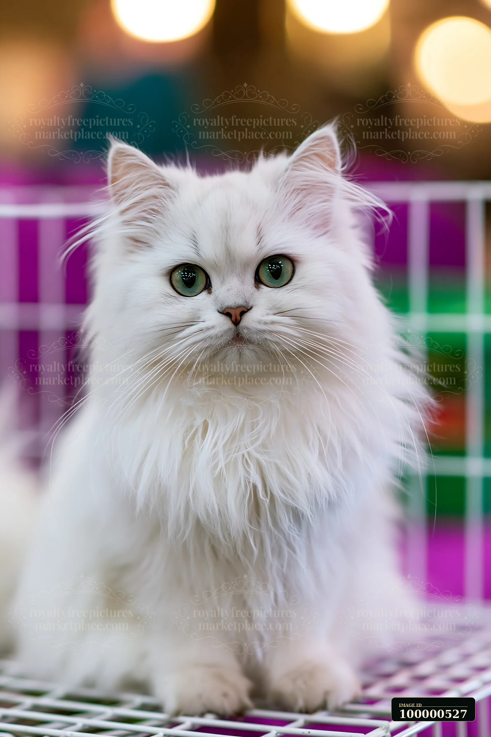 A fluffy white cat sits calmly in its cage at a cat show.