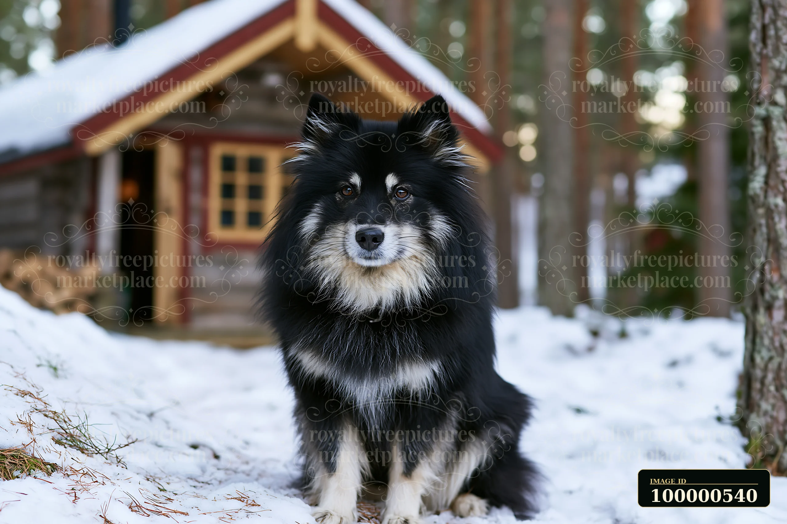 A rare dog breed looking at camera sits in the snow near a log cabin surrounded by trees.