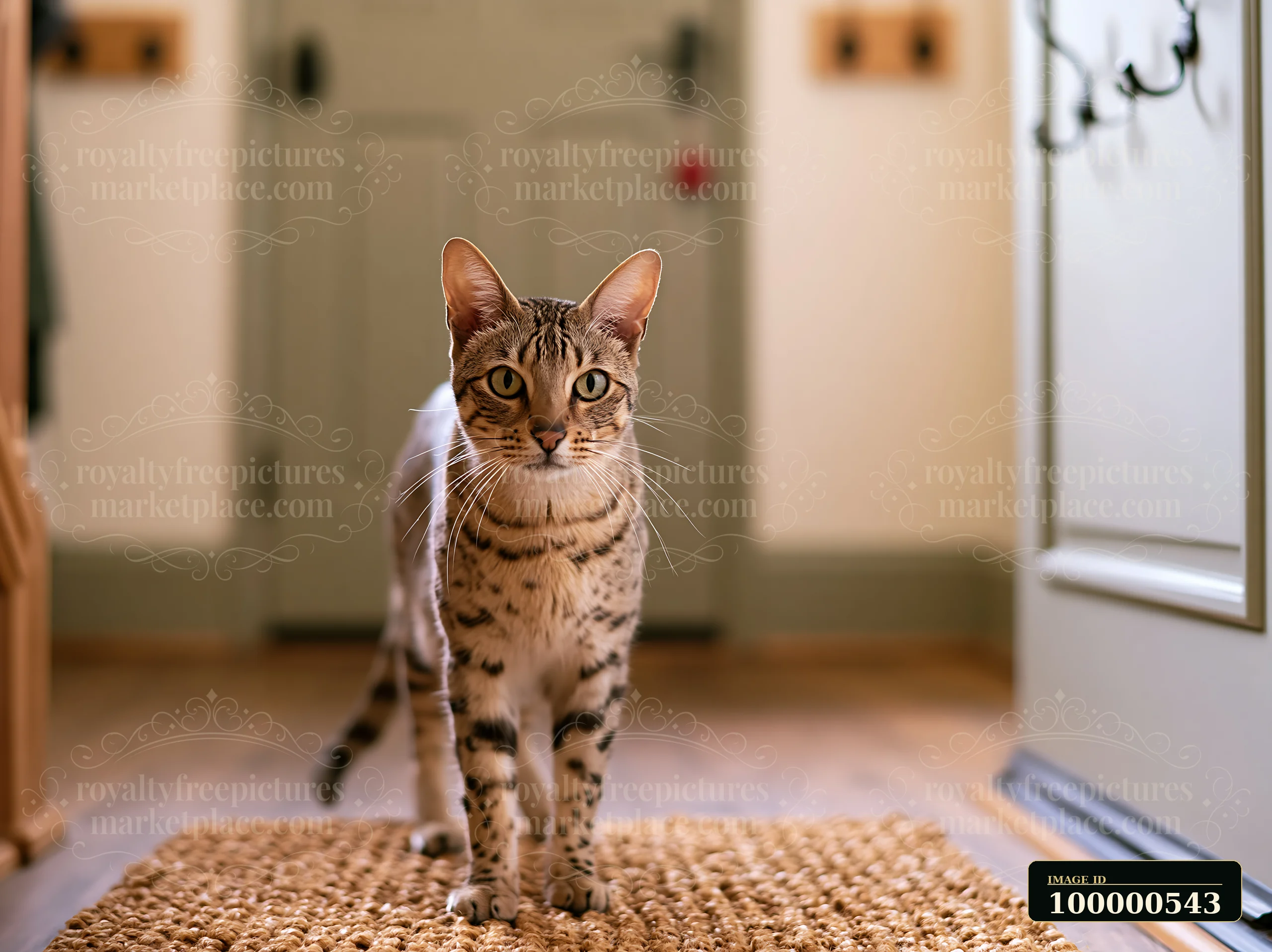 A Serengeti cat indoors walks along a woven rug, showcasing its unique coat and posture.