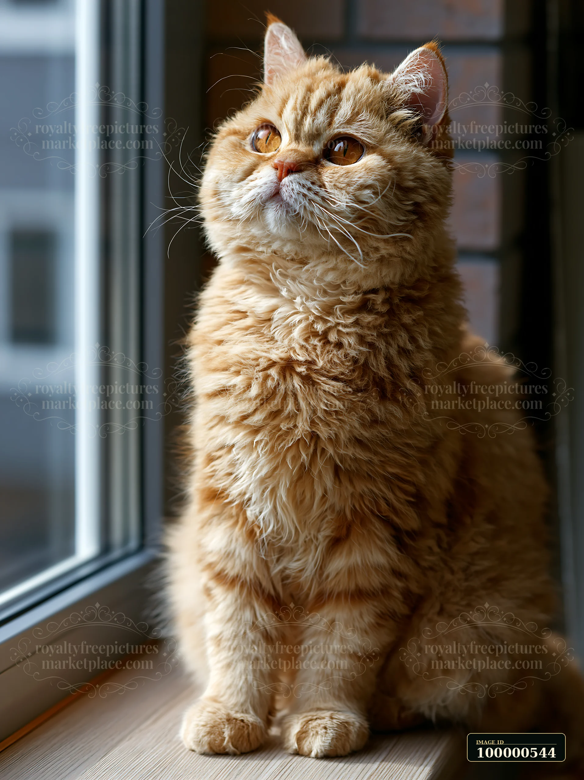 An orange cat sits by the window, gazing outside.