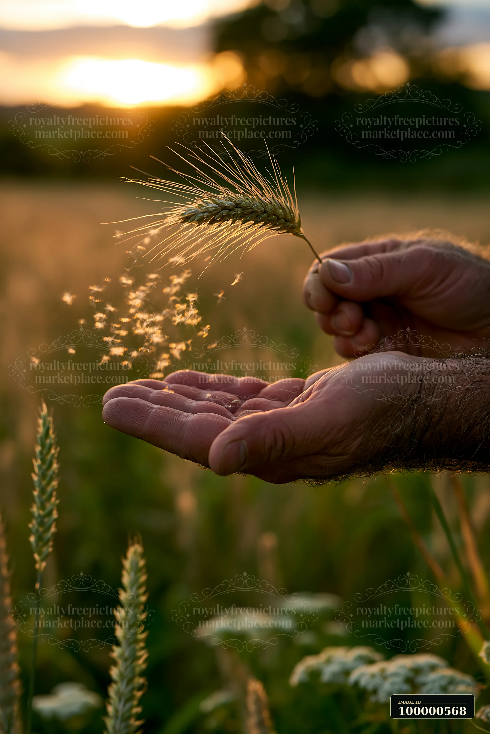 A hand releases grains from a wheat stalk in a field during sunrise.