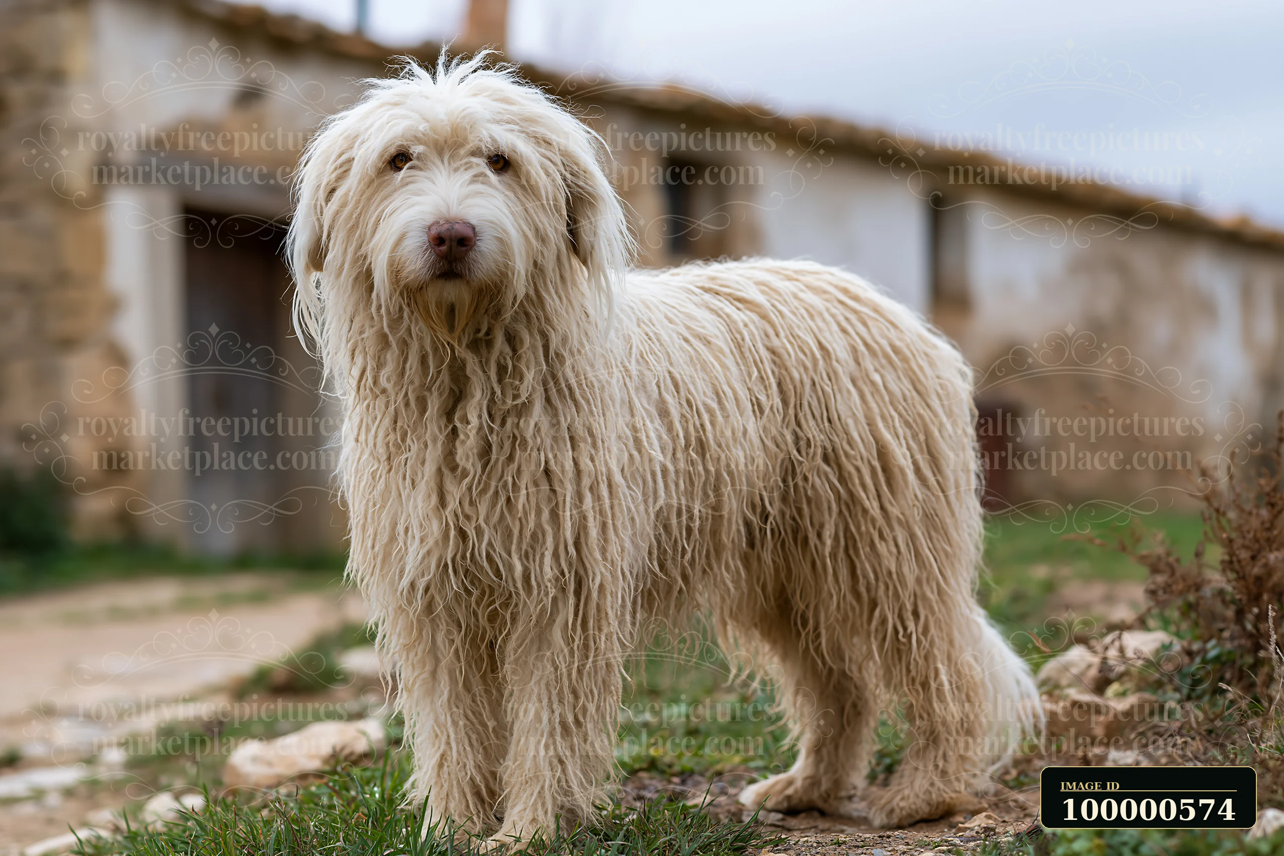 A dog stands on the grass near a stone building along a coastline covered in sea fog.