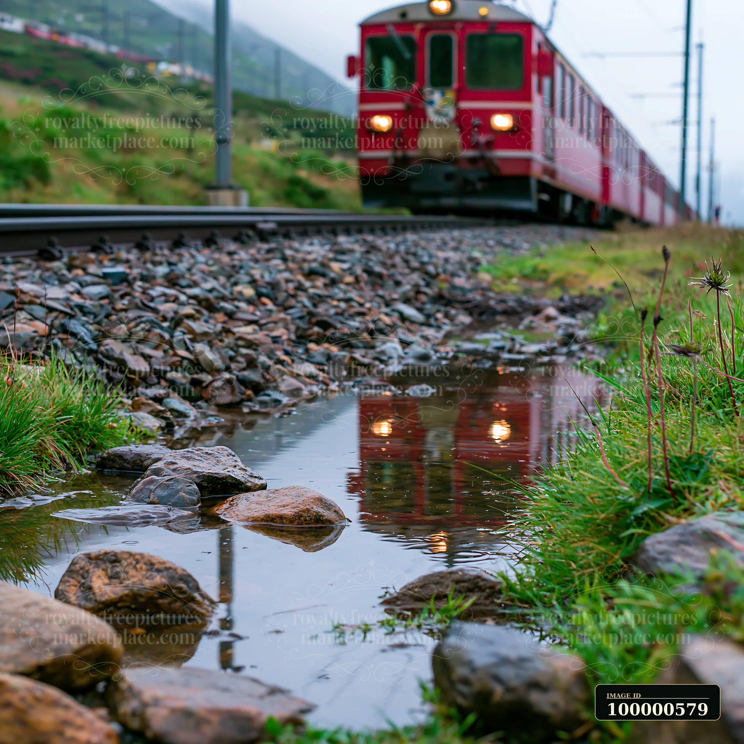 A red Swiss cog railway train moves along the tracks near a puddle reflecting its image.
