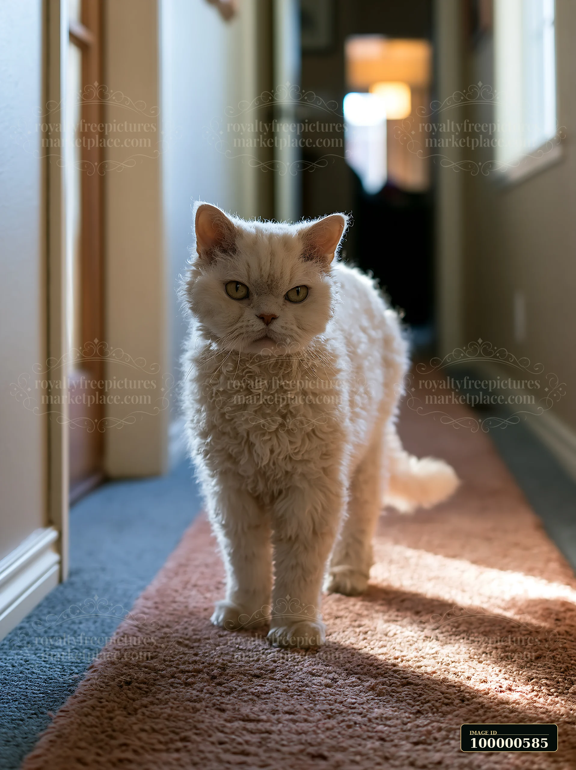 A Selkirk Rex cat stands on a carpet in a hallway with light streaming in from a door.