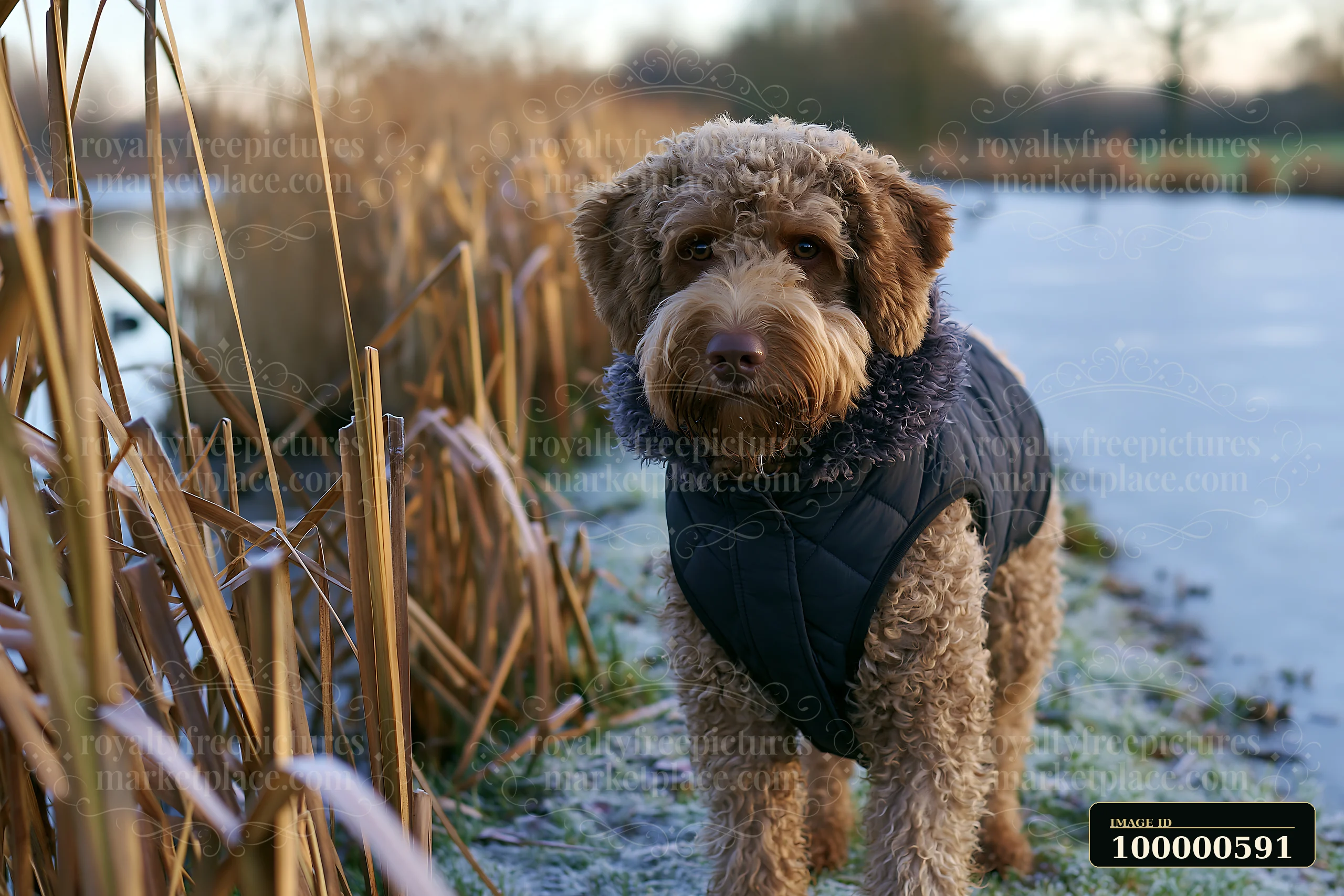 A rare dog breed wearing winter coat walks along the edge of a frozen pond surrounded by tall grasses.