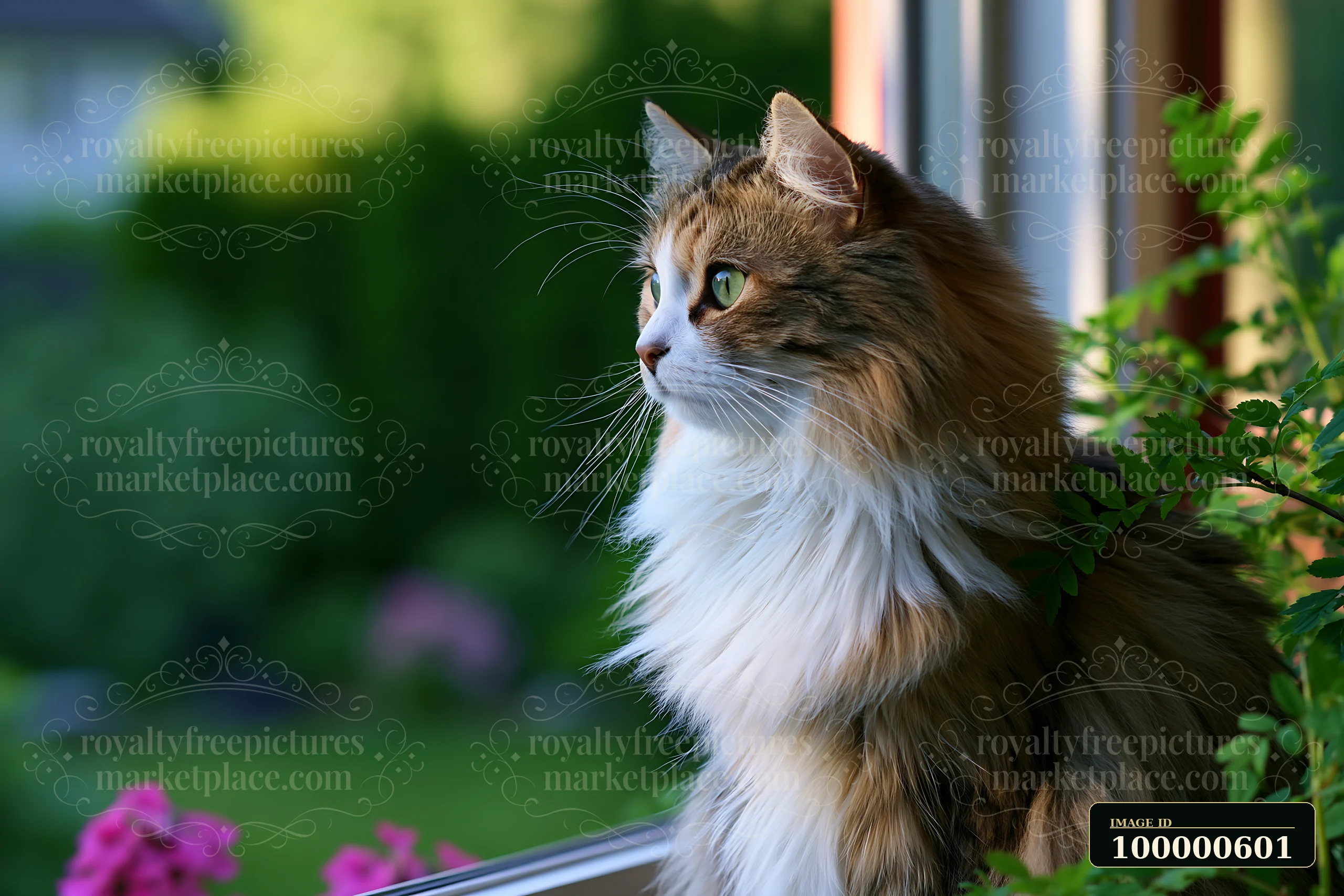 An Asian Semi-longhair cat sits by a window, gazing outside amidst green plants and blooming flowers.