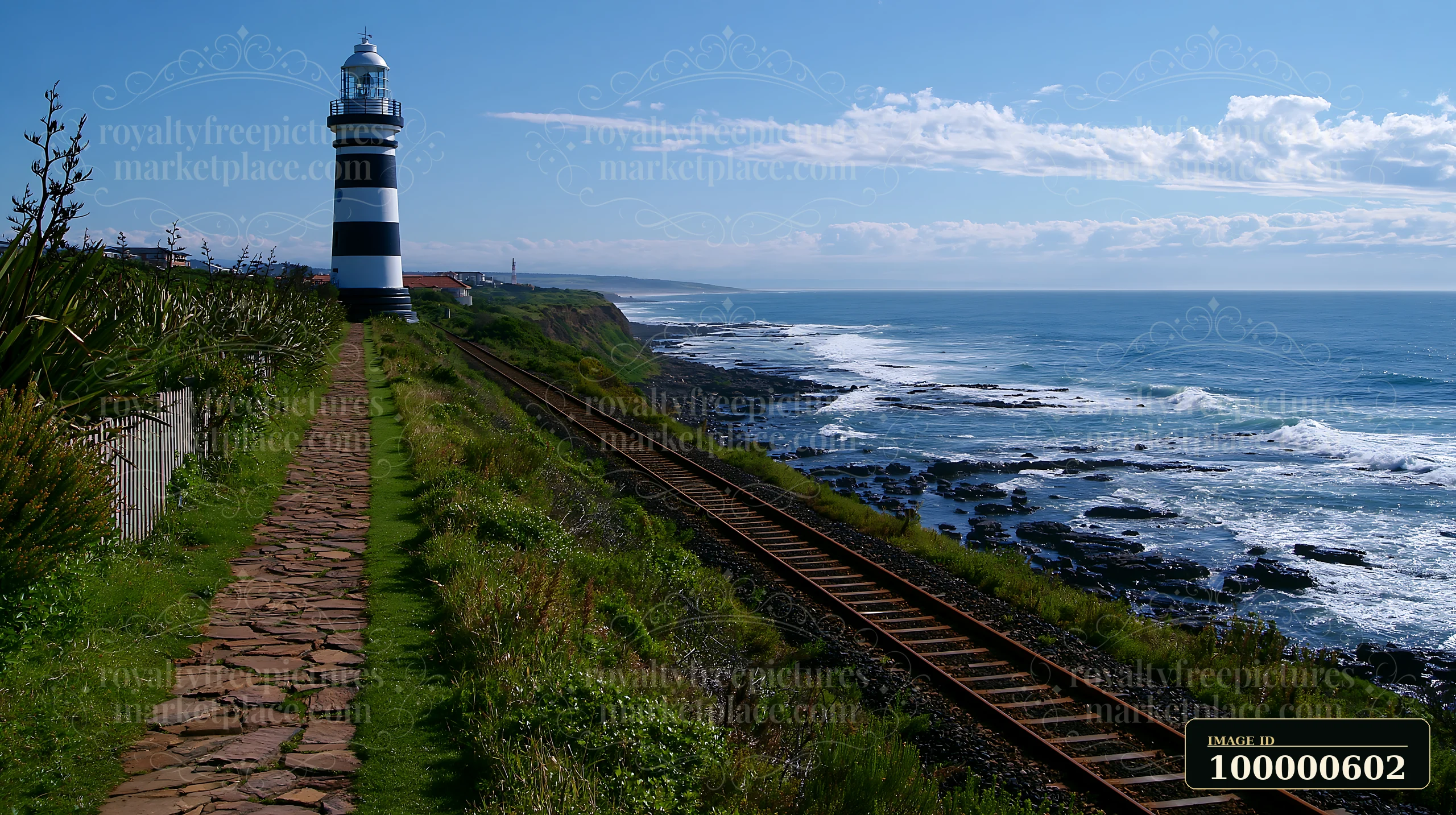 A lighthouse with black and white stripes stands near the ocean at the edge of a rocky coastline.