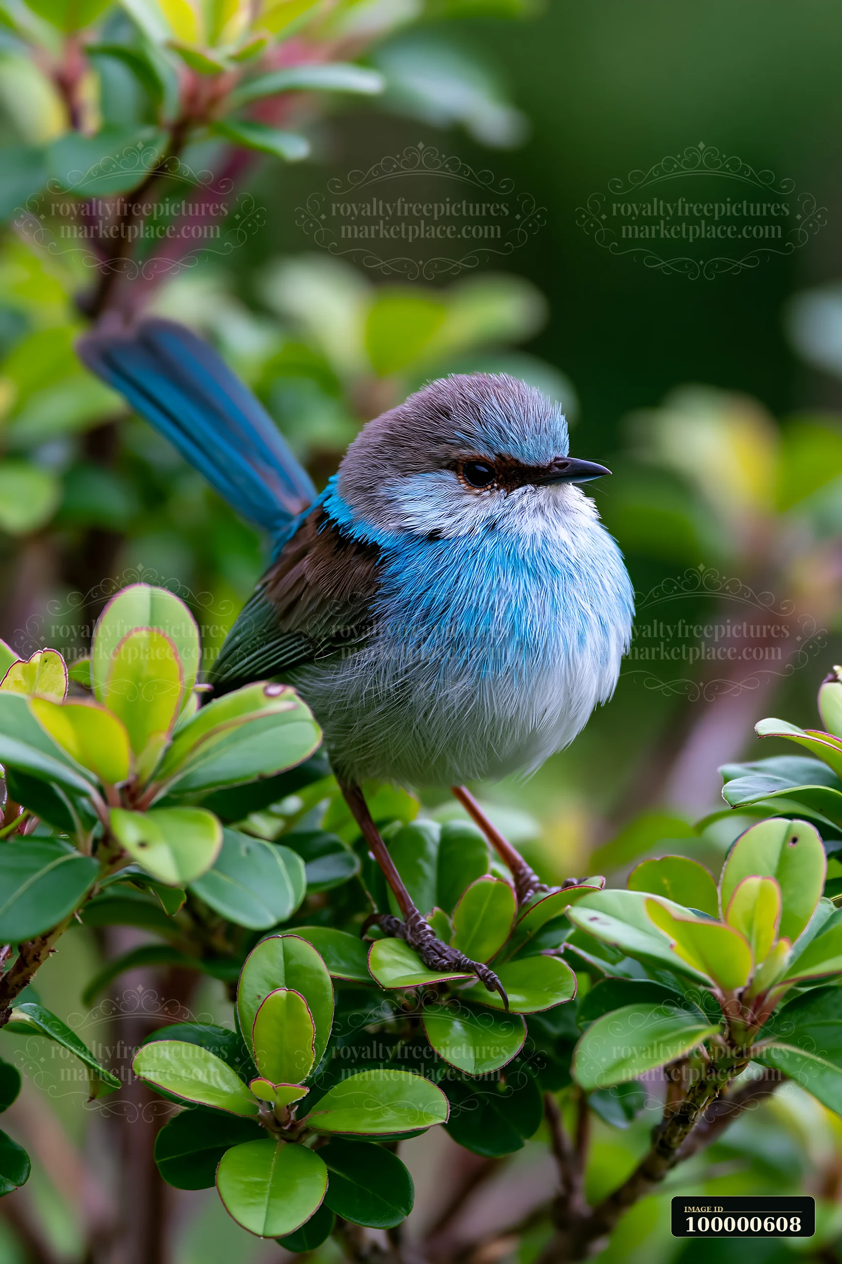 A fairy wren sits on a shrub surrounded by green leaves in its native habitat.