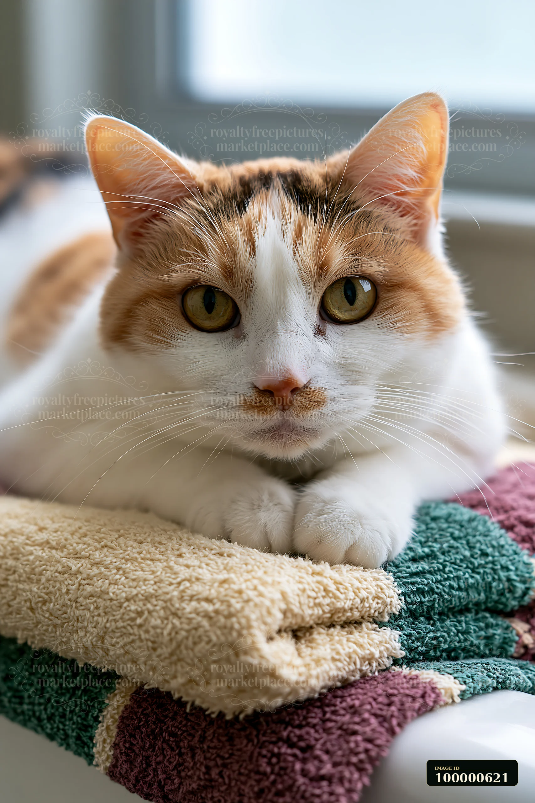 A Minskin cat lays on folded towels, showing its unique features and curious expression.