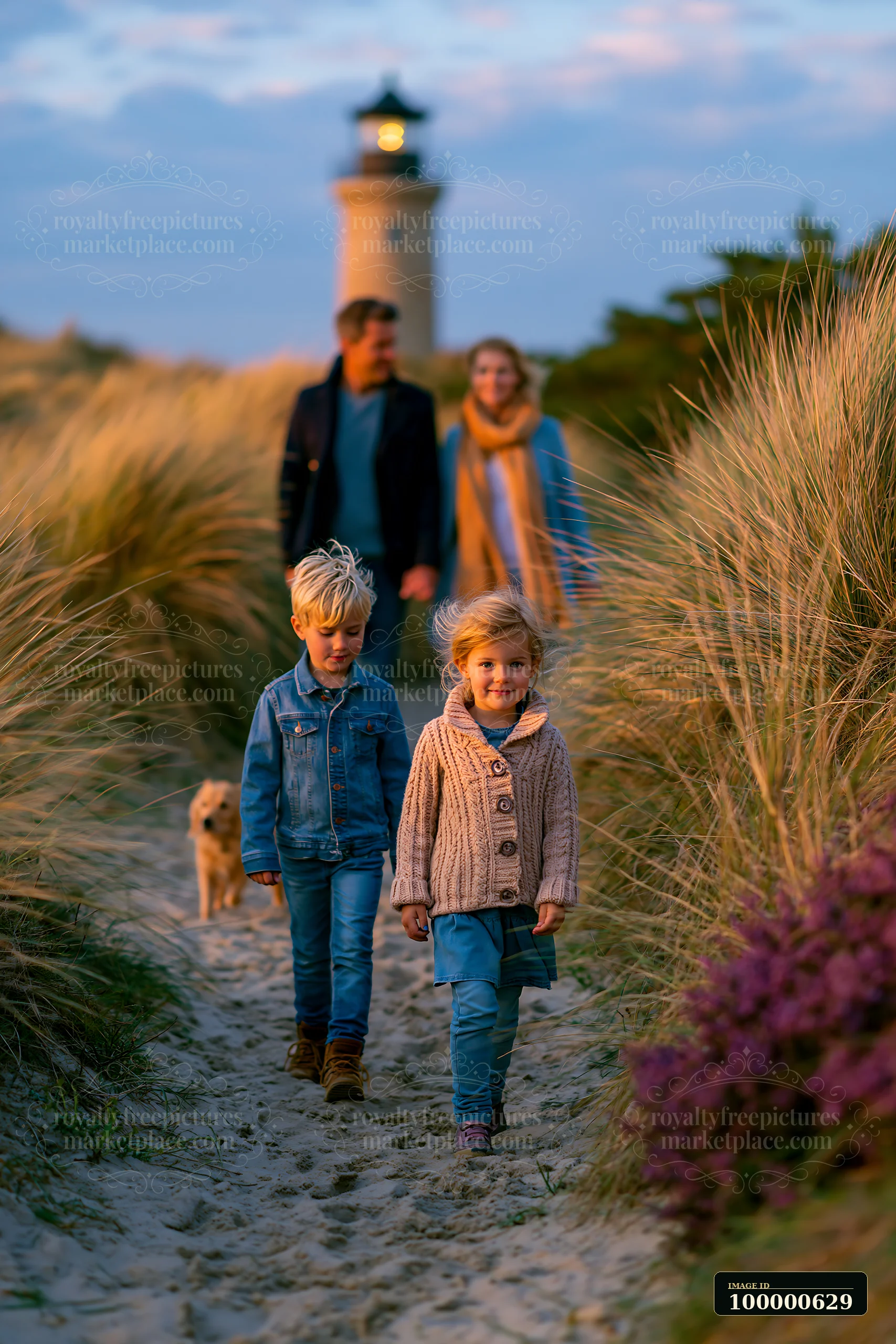 Two children walk on a sandy path while adults follow behind, with a lighthouse visible in the background.