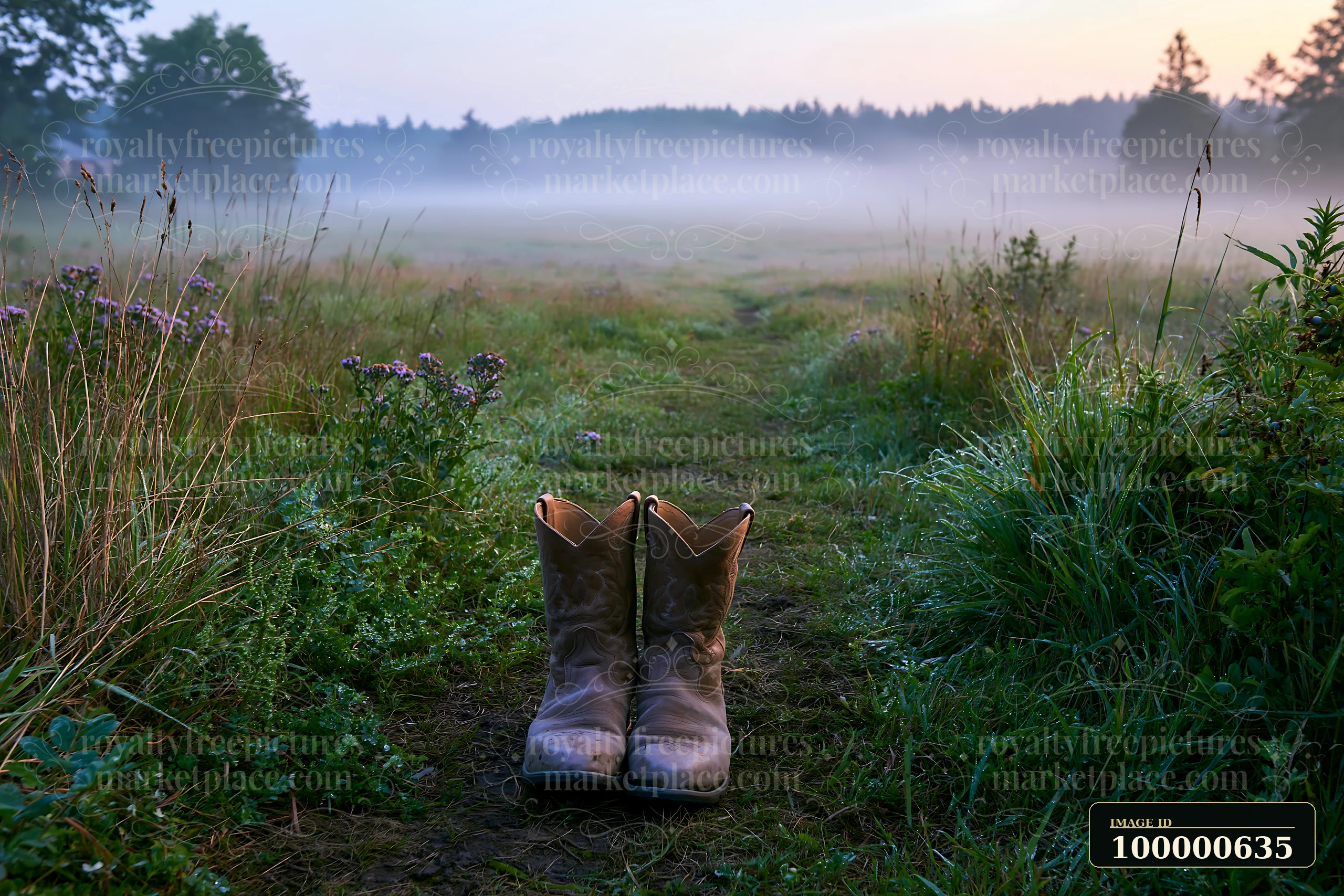 Sunbeams over a misty meadow light up a path leading through grass and wildflowers.