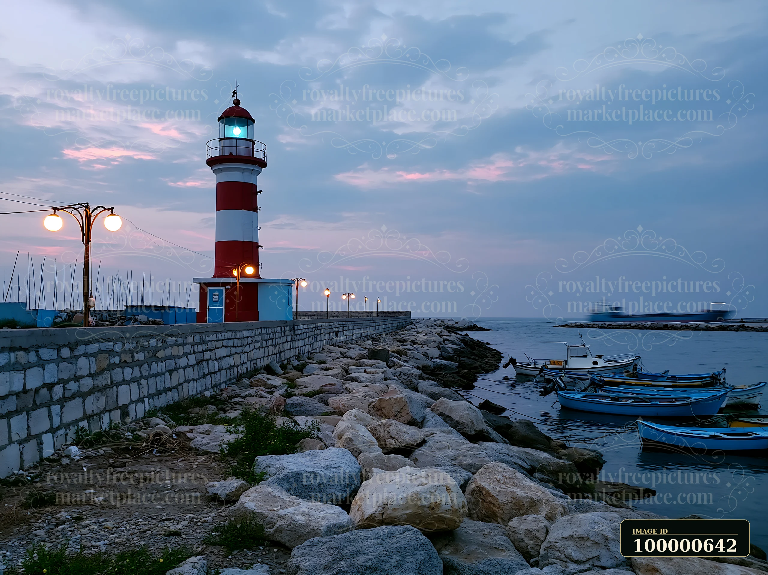 A lighthouse stands tall on the shoreline with a cargo ship visible in the distance.