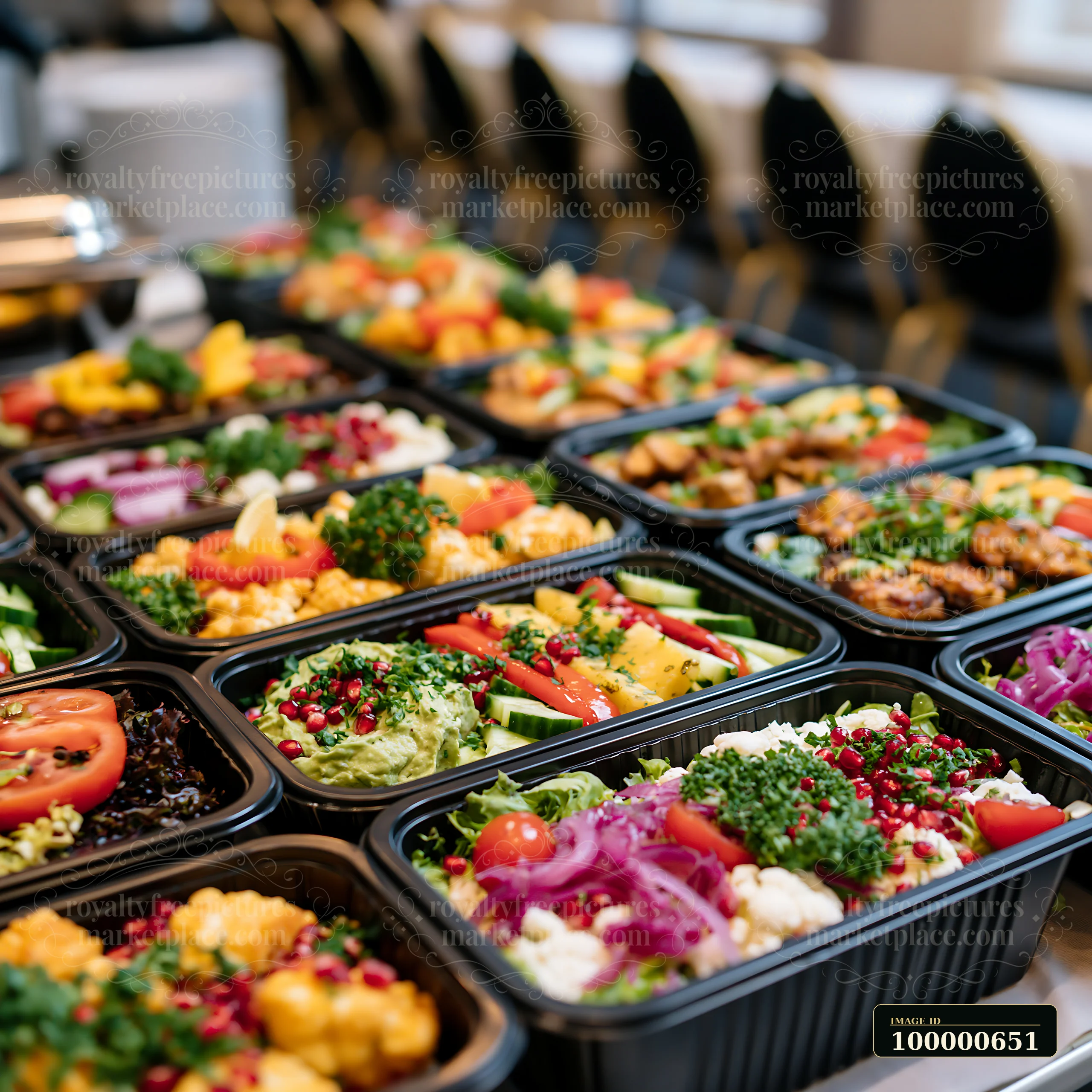 A buffet spread at a business conference features an array of fresh salads, grilled vegetables, and colorful dishes arranged in neat containers.