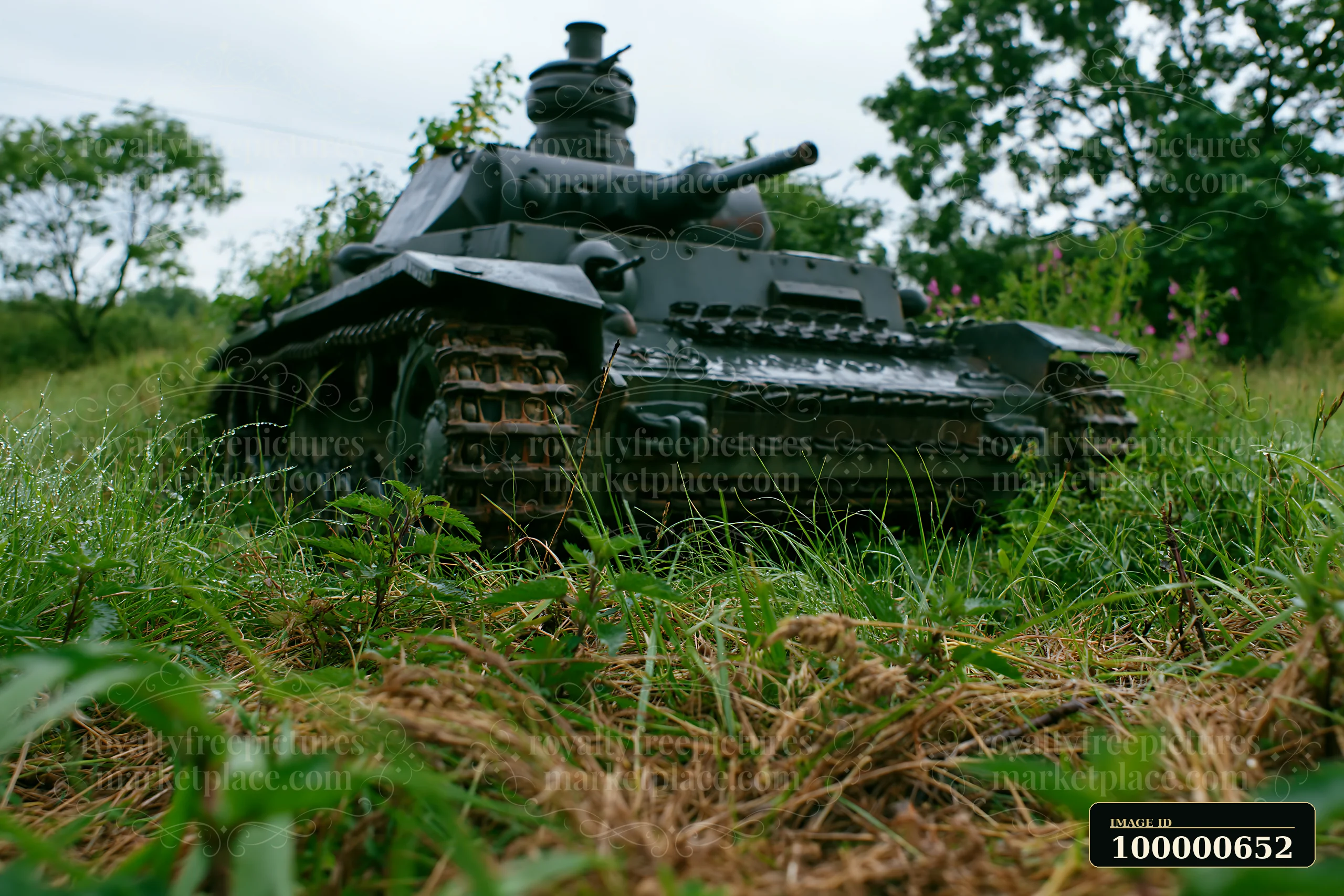 A tank model sits on the ground surrounded by tall grass and foliage.