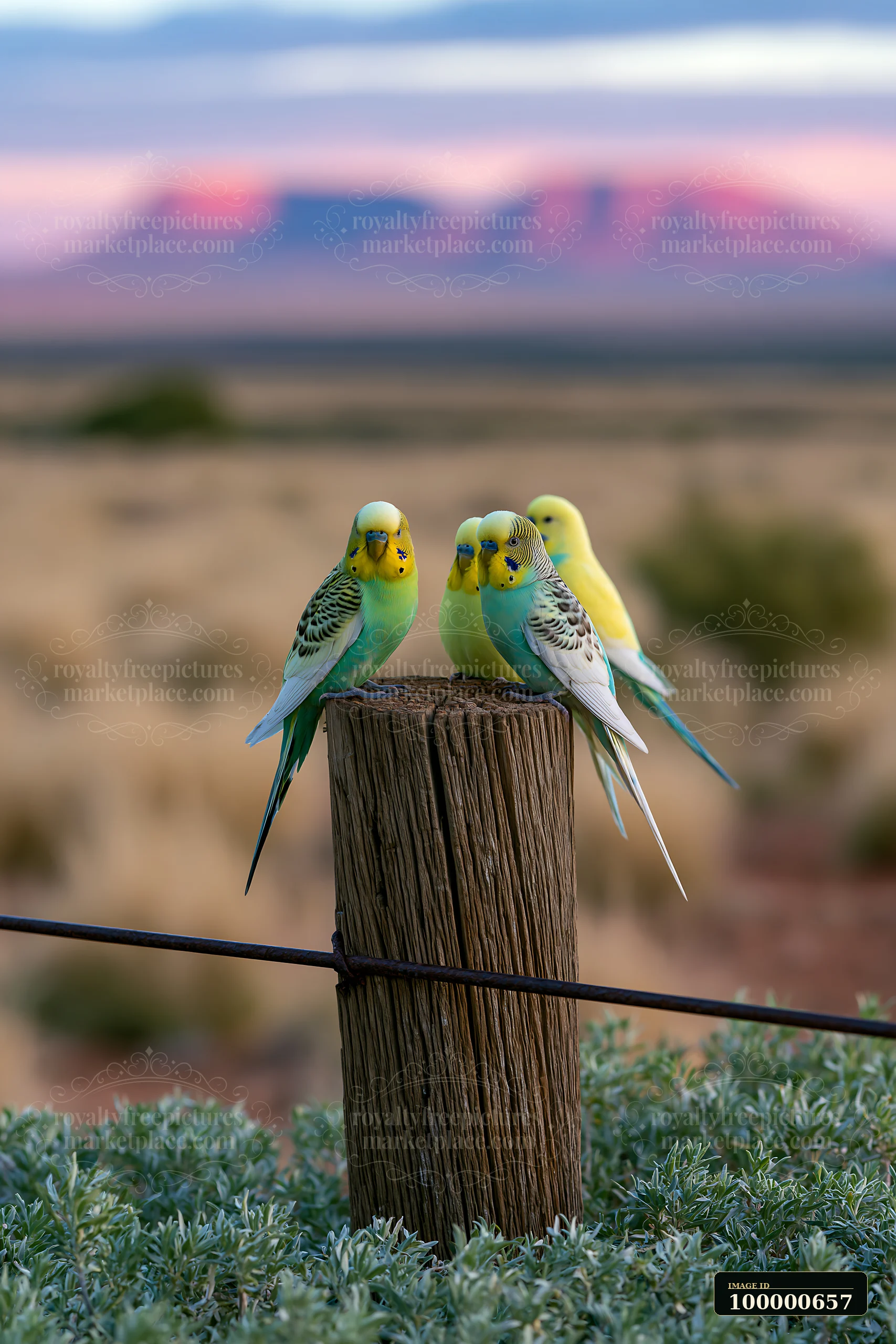 Budgerigar flock in desert landscape gathers on a wooden post against a backdrop of mountains during twilight.