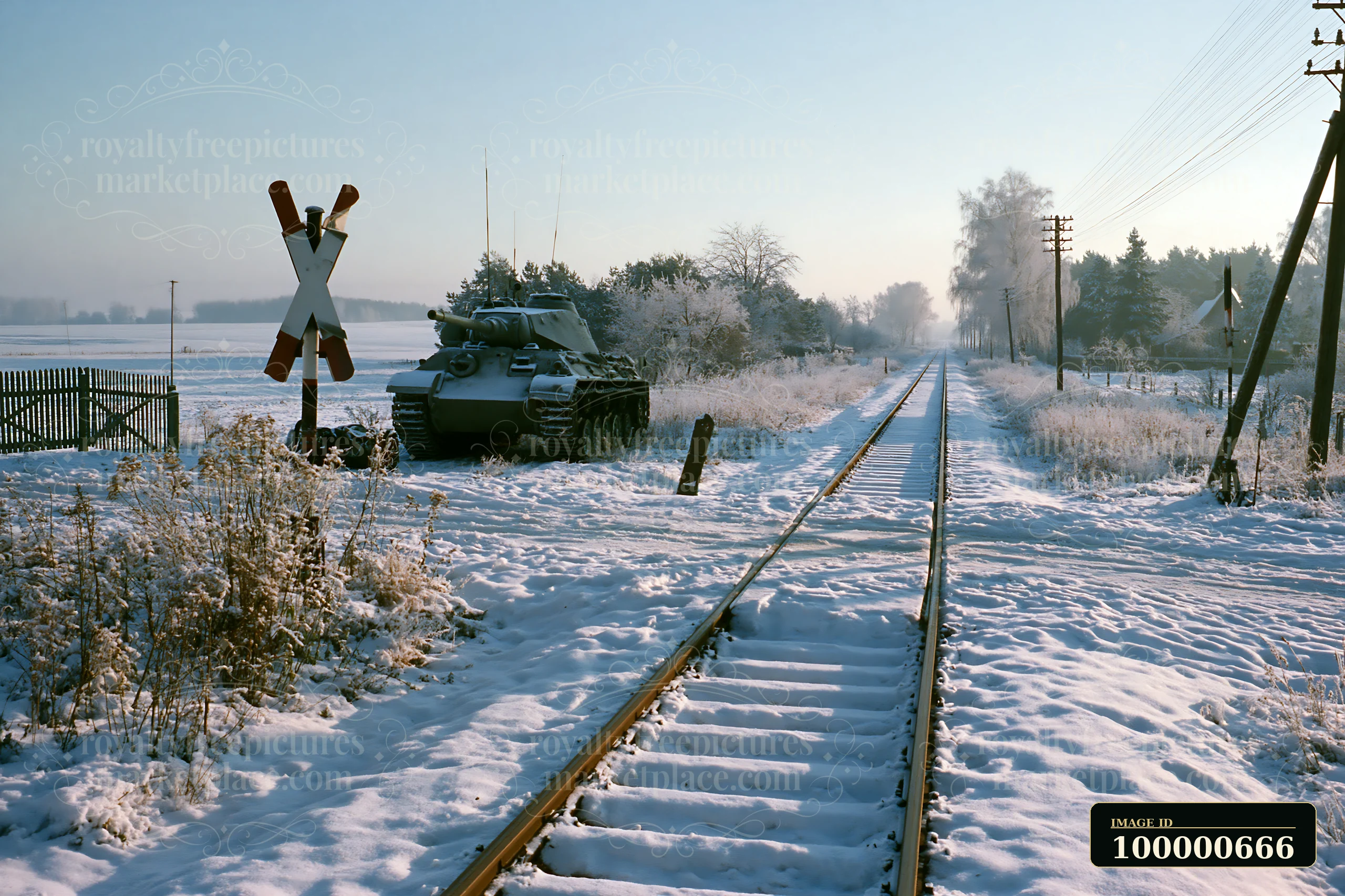 A panzer tank in winter snow sits near a railway track, surrounded by snow-covered fields and trees.