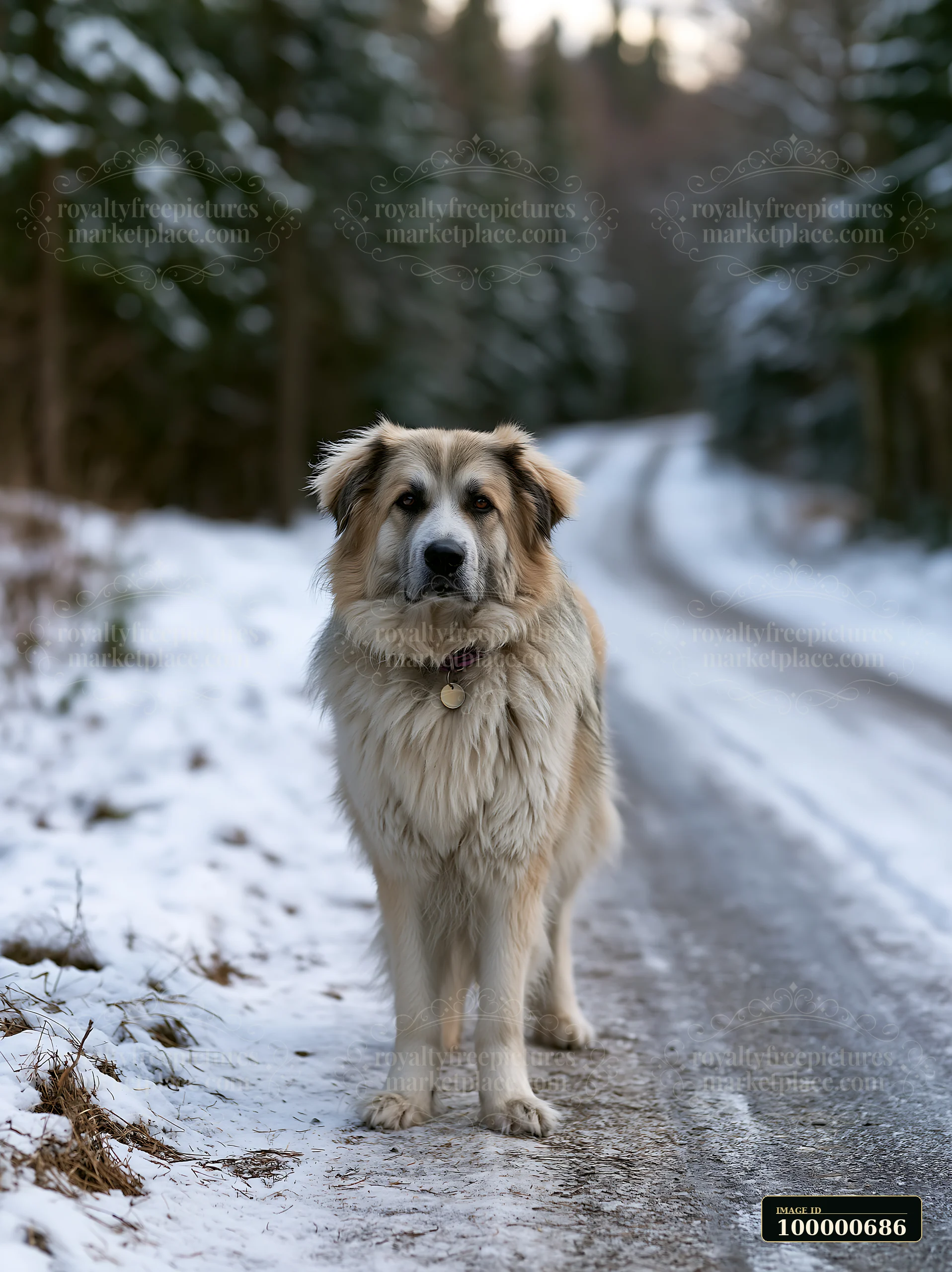 A rare dog breed stands on a snowy rural road surrounded by trees.