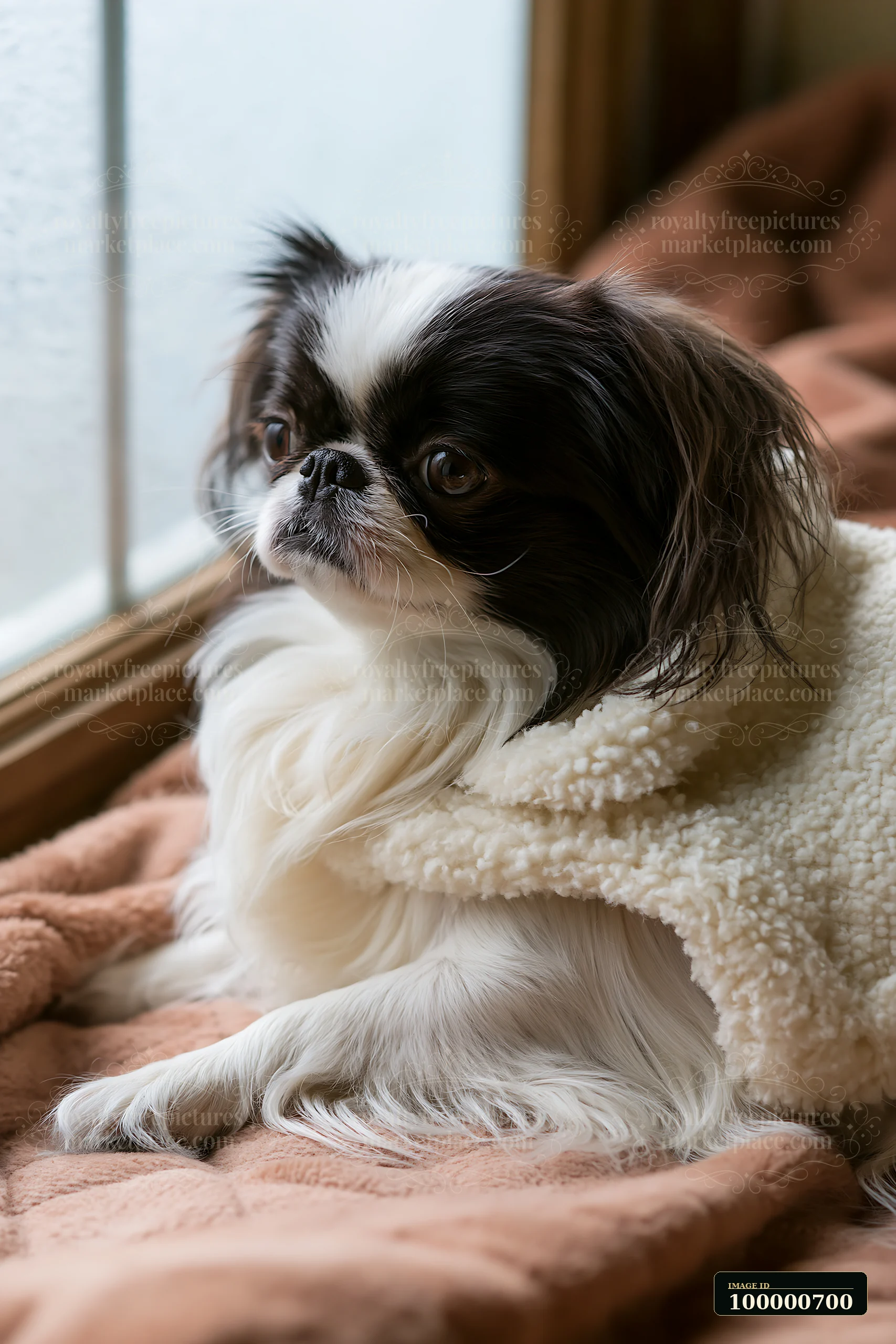A small dog with long fur sits quietly beside a window on a soft blanket.