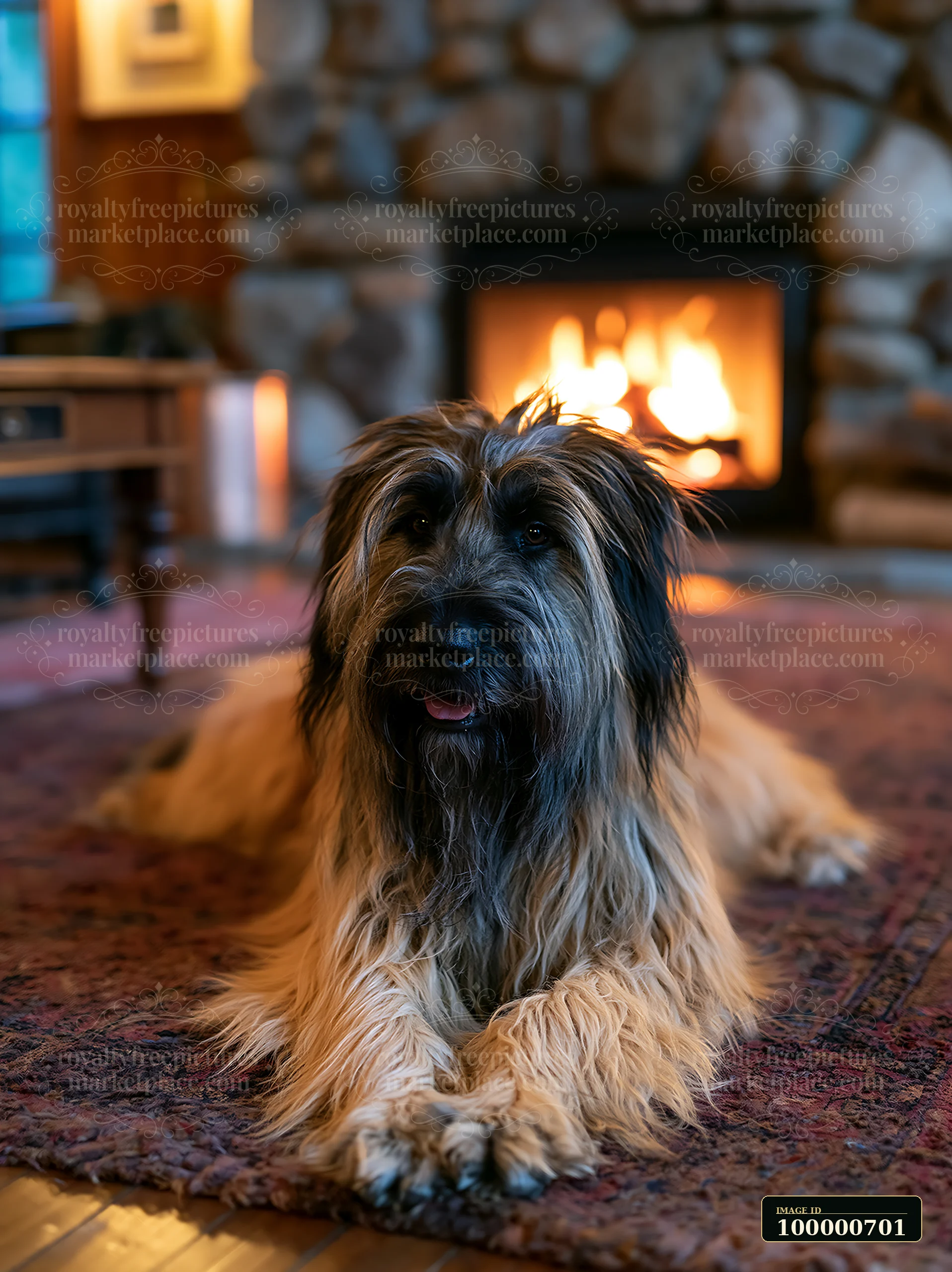 A rare dog breed relaxing by fireplace on a rug inside a warm room.