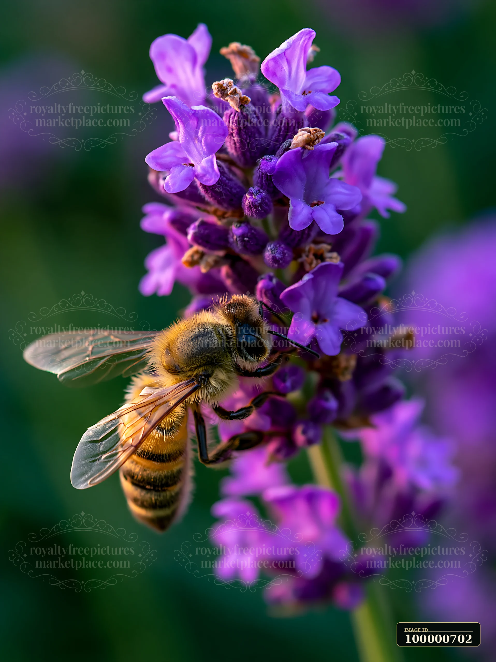 A honey bee closeup on purple lavender shows the bee collecting nectar from the vibrant flowers in a garden.