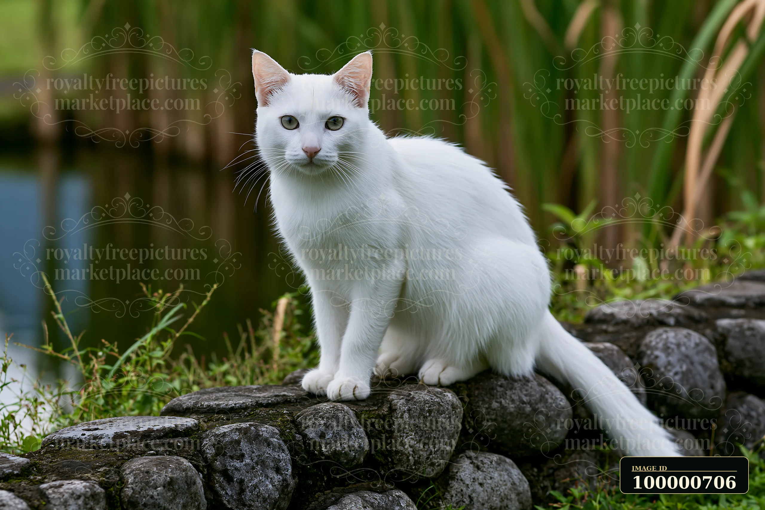 A Khao Manee cat sits on a stone wall by a pond, surrounded by lush greenery.