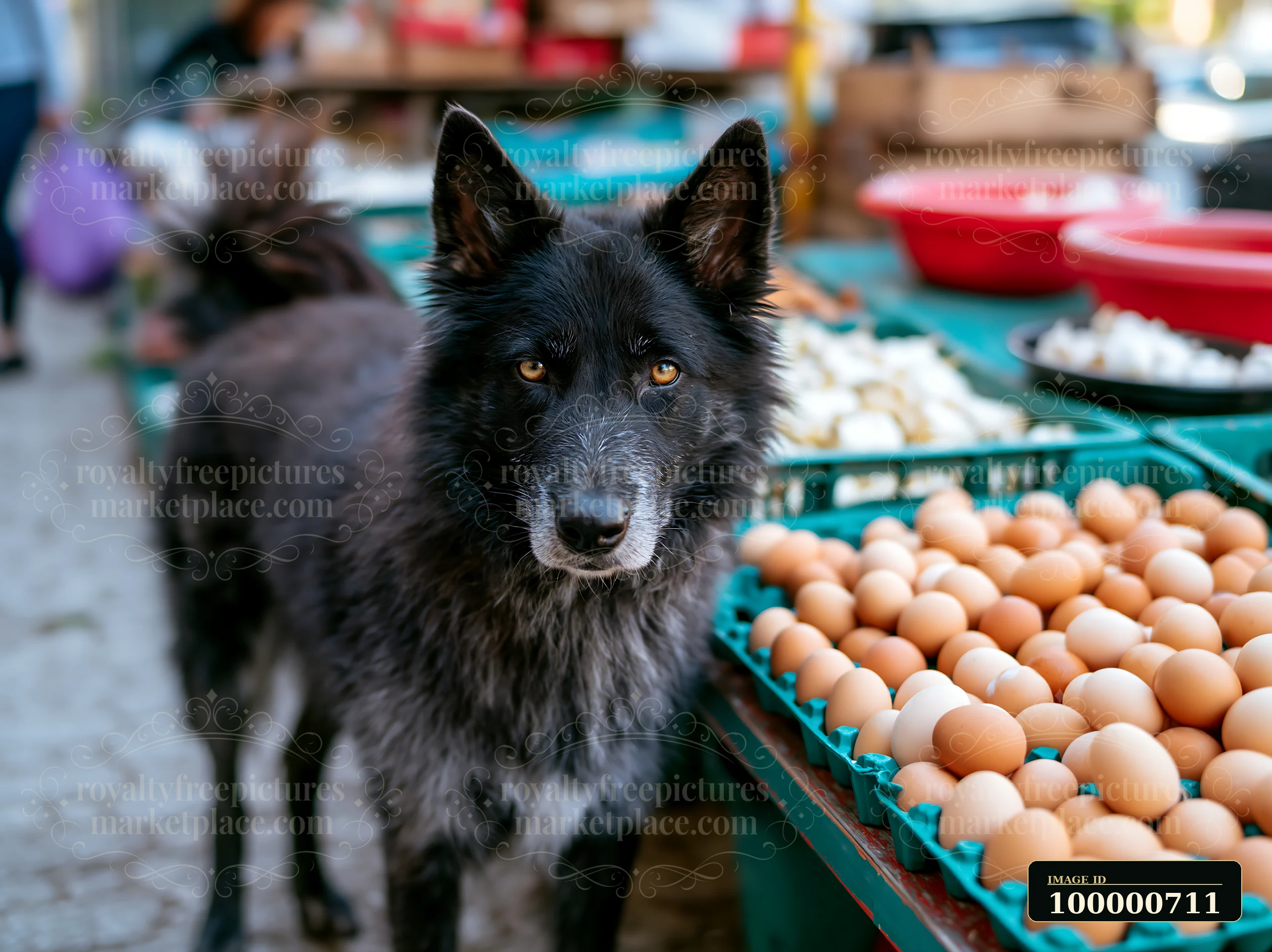 A rare dog breed stands near a display of eggs at a busy farmers market.