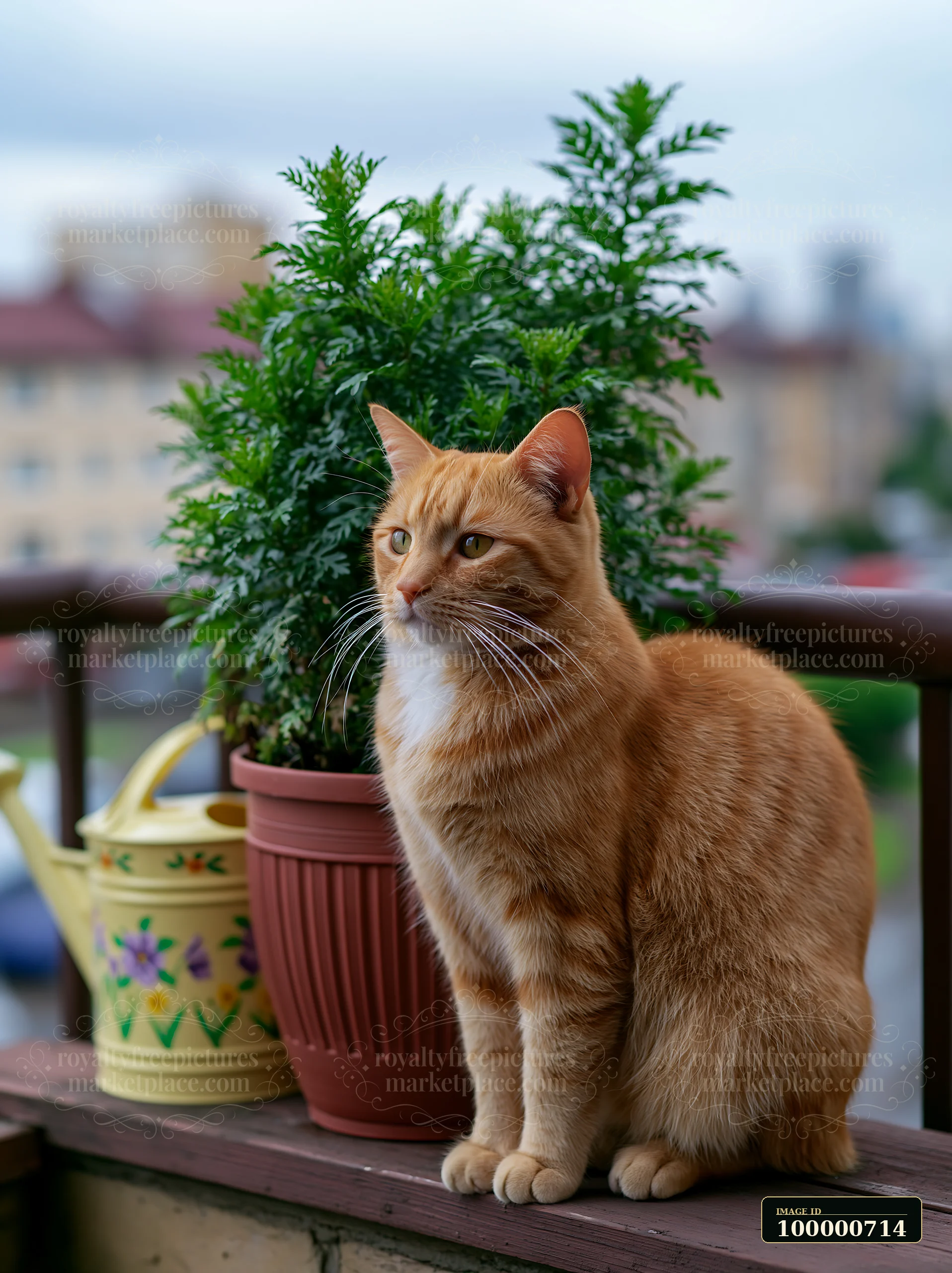 A Dwelf cat poses beside a potted plant on a balcony.