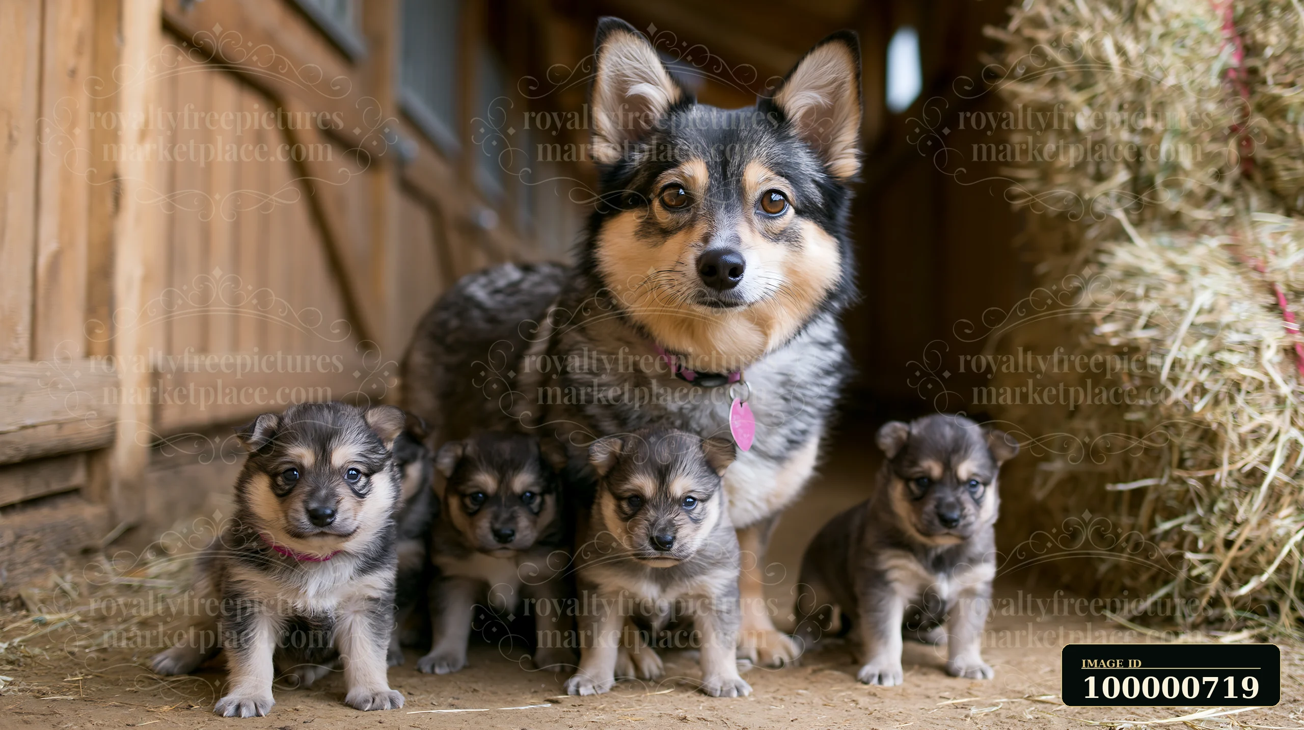 A rare dog breed mother stands with her four puppies in a barn.