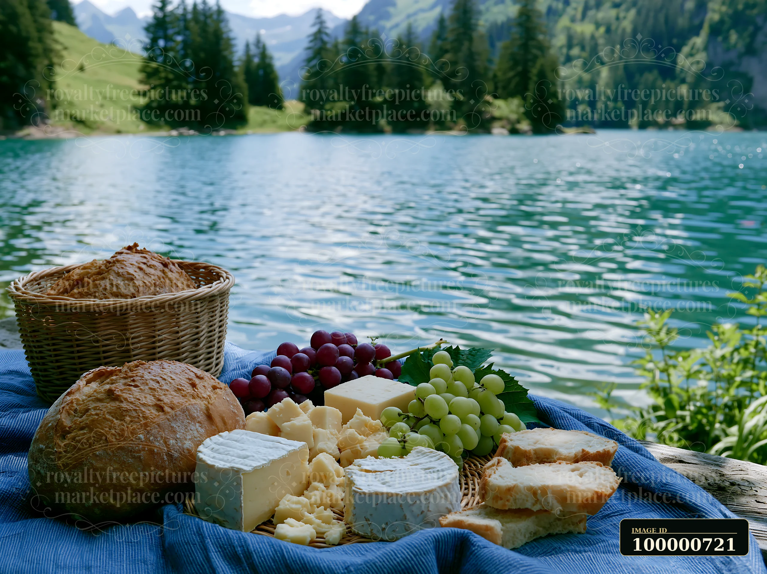 A picnic is set by a clear alpine lake in Switzerland, featuring bread, cheese, and fresh fruit on a blue cloth.