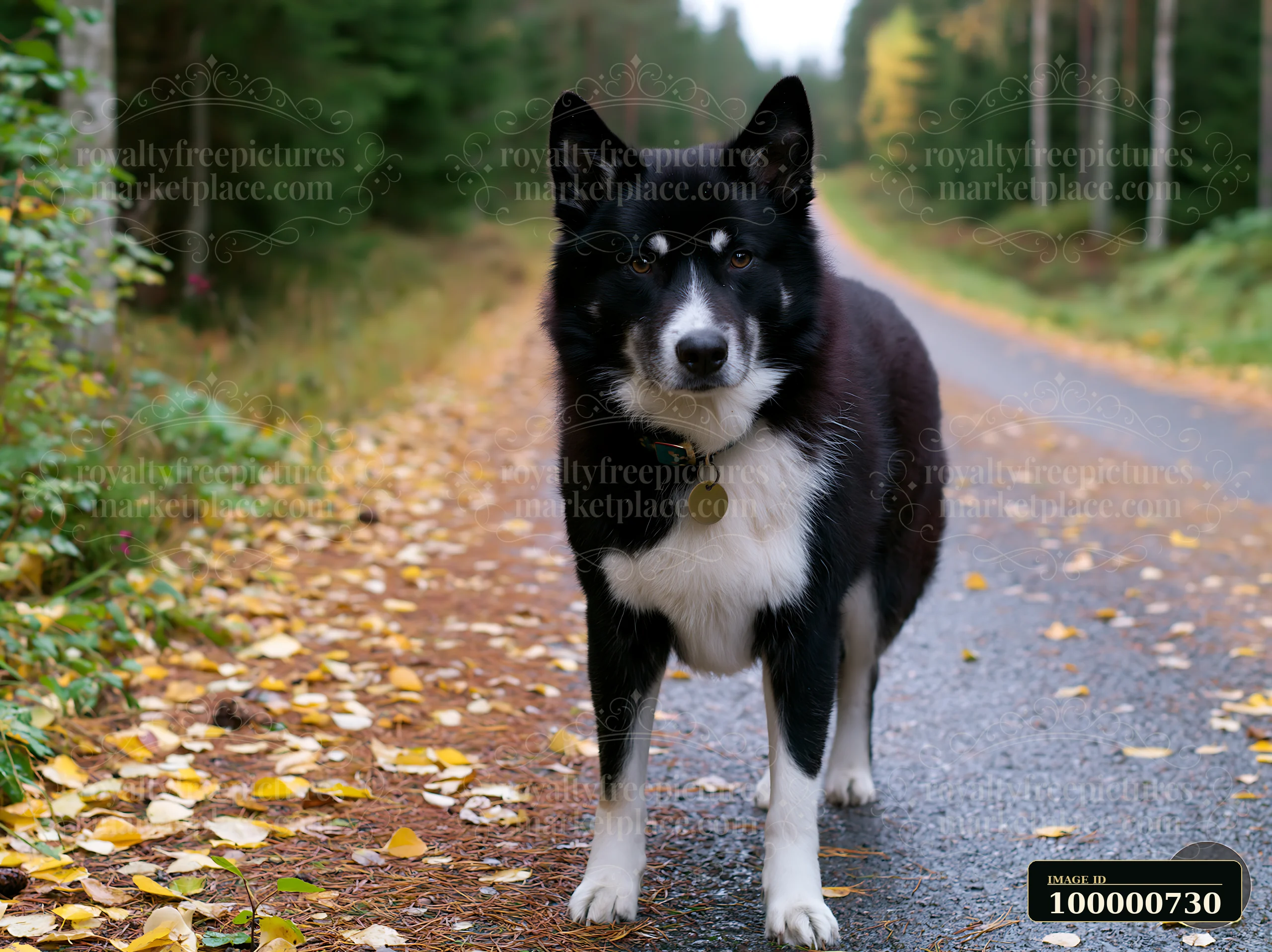 An Australian Mist cat stands on a forest path surrounded by fallen leaves.