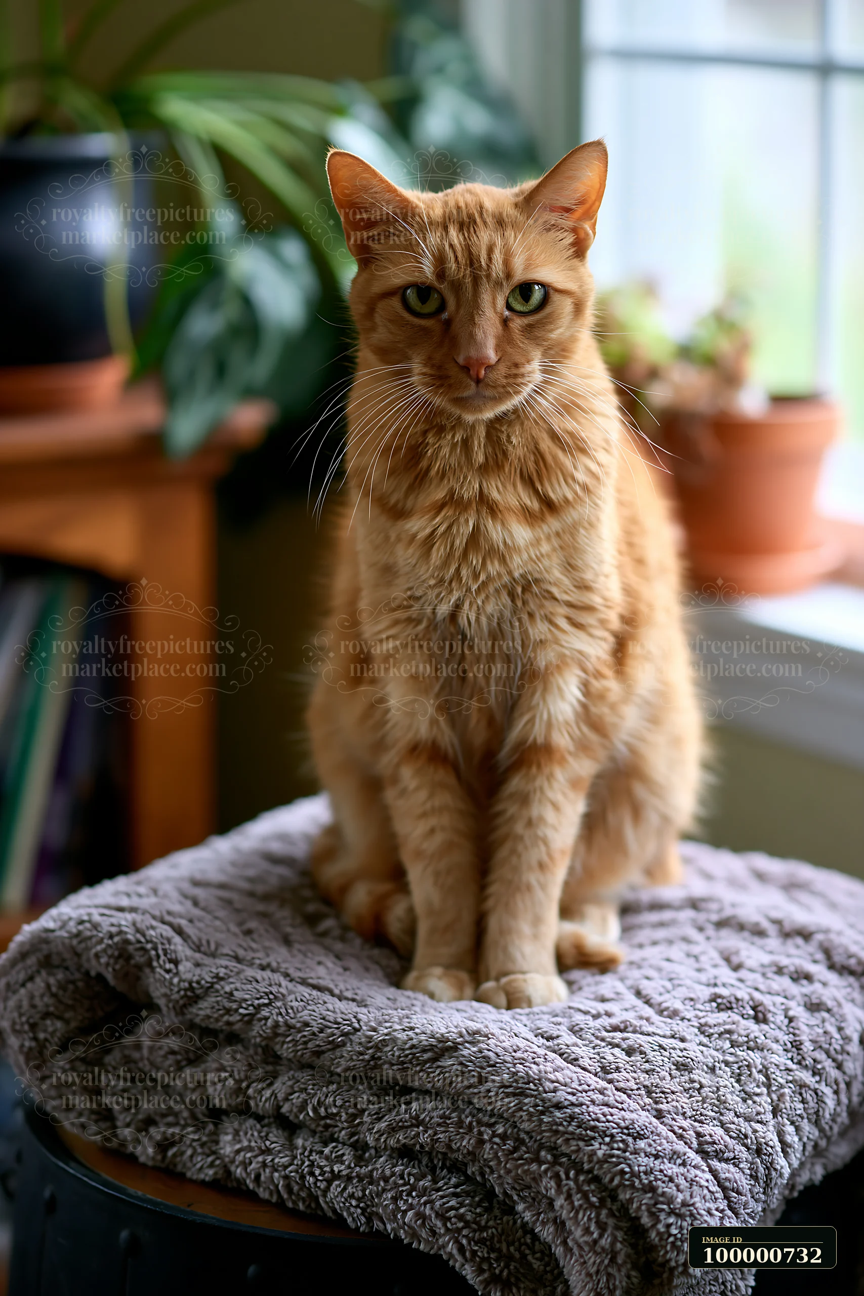 A Bambino cat sits on a soft blanket indoors, surrounded by plants and natural light coming through a window.