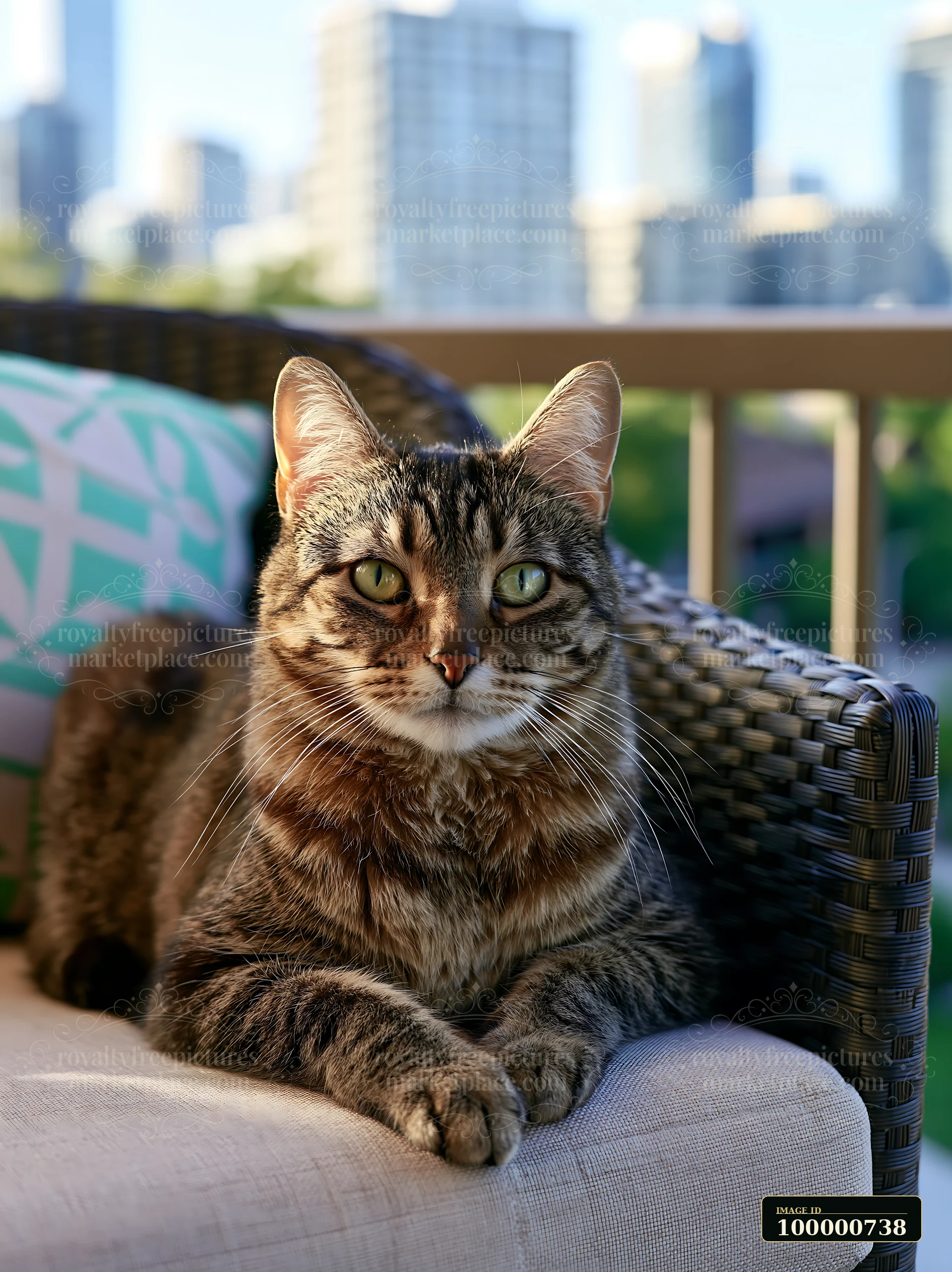 An Australian Mist cat rests on a couch on a balcony with a view of a city skyline.