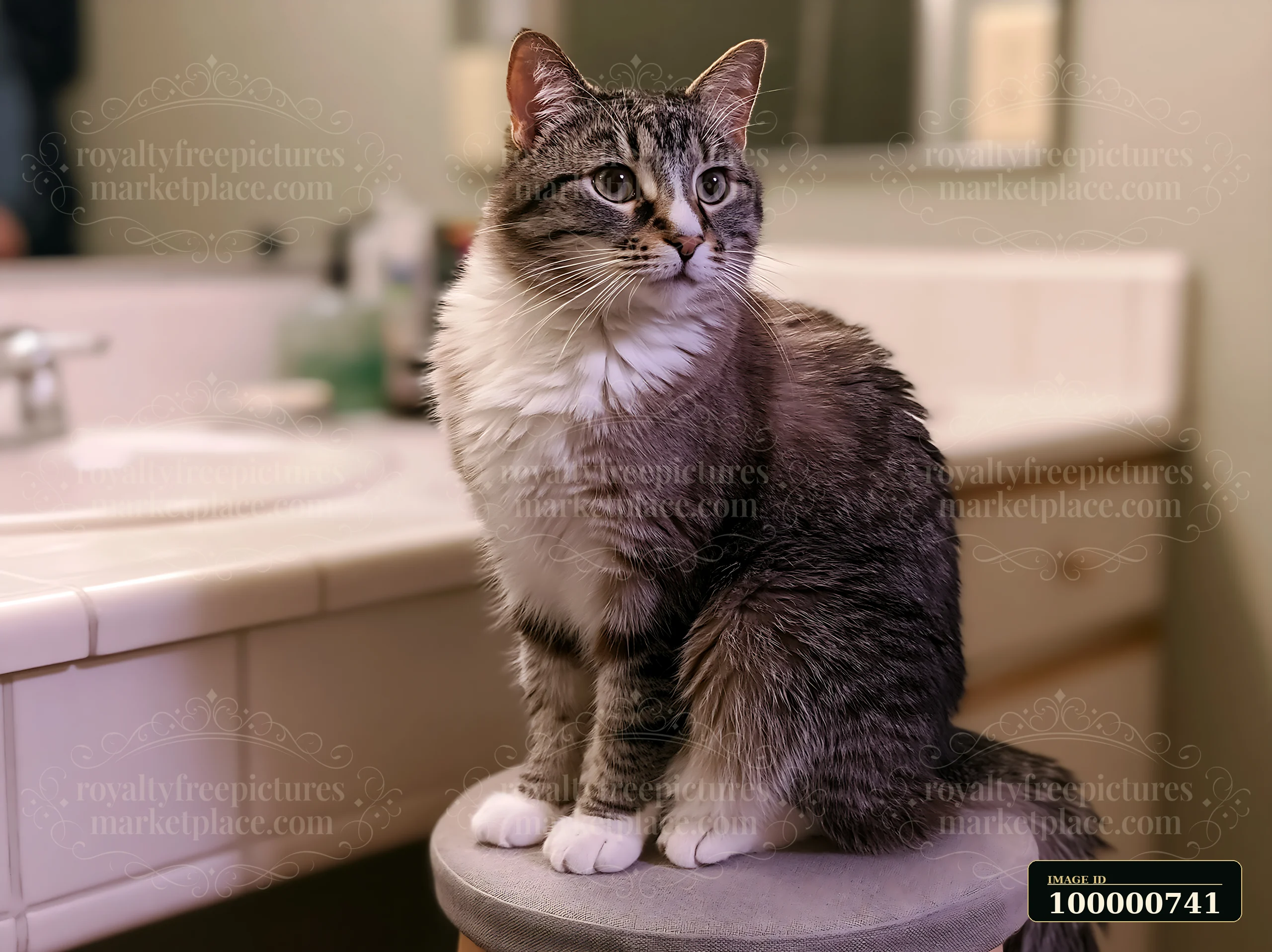 A Bambino cat indoors sits calmly on a stool in a bathroom, with a mirror and sink visible in the background.